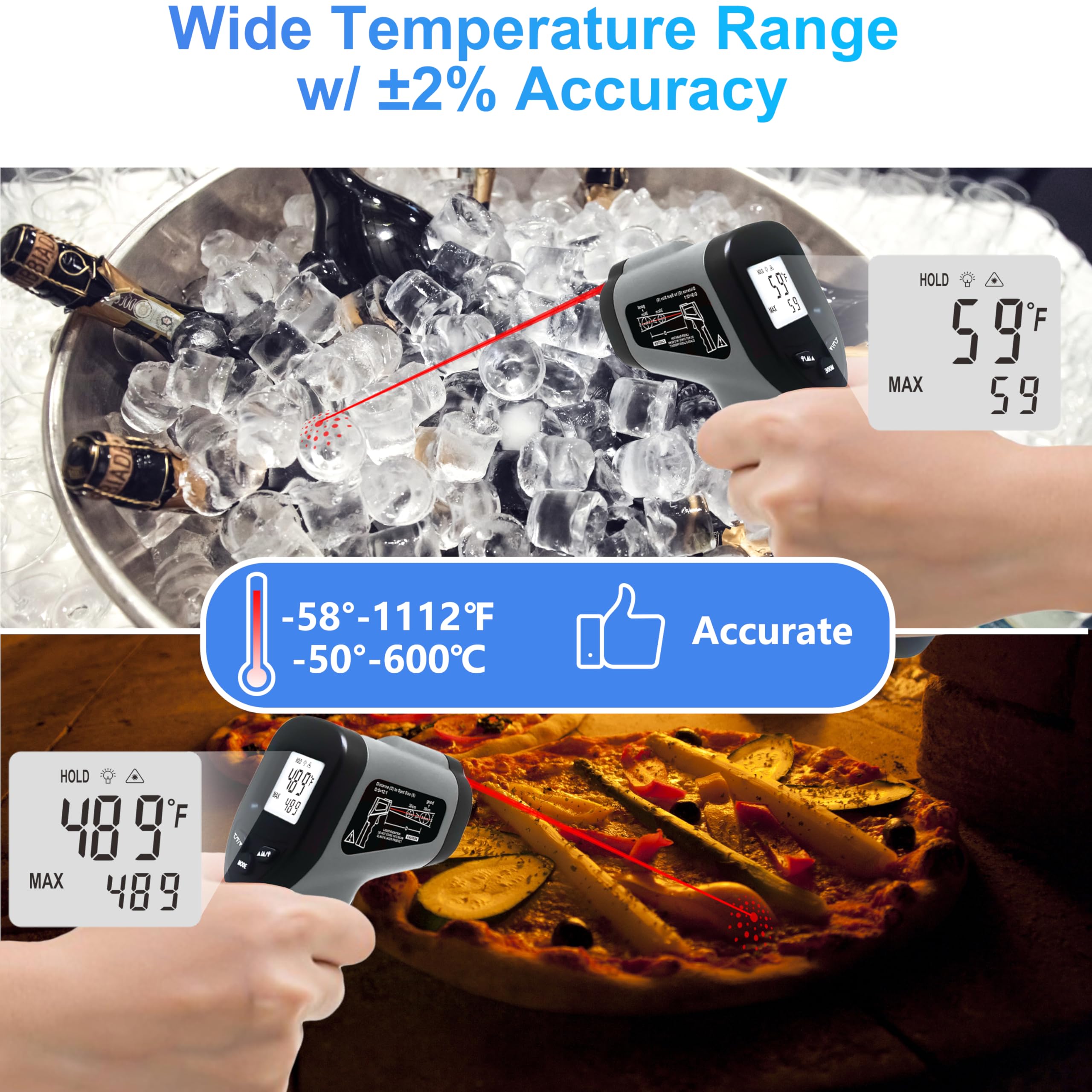 Hito Infrared Thermometer Gun -58°F to 1112°F (-50°C to 600°C) - Non-Contact Digital Laser Temperature Gun for Cooking, HVAC, Industrial Use - Perfect for Pizza Ovens, Meat, Liquids, Reptile Tanks & Pool Temperature Monitoring
