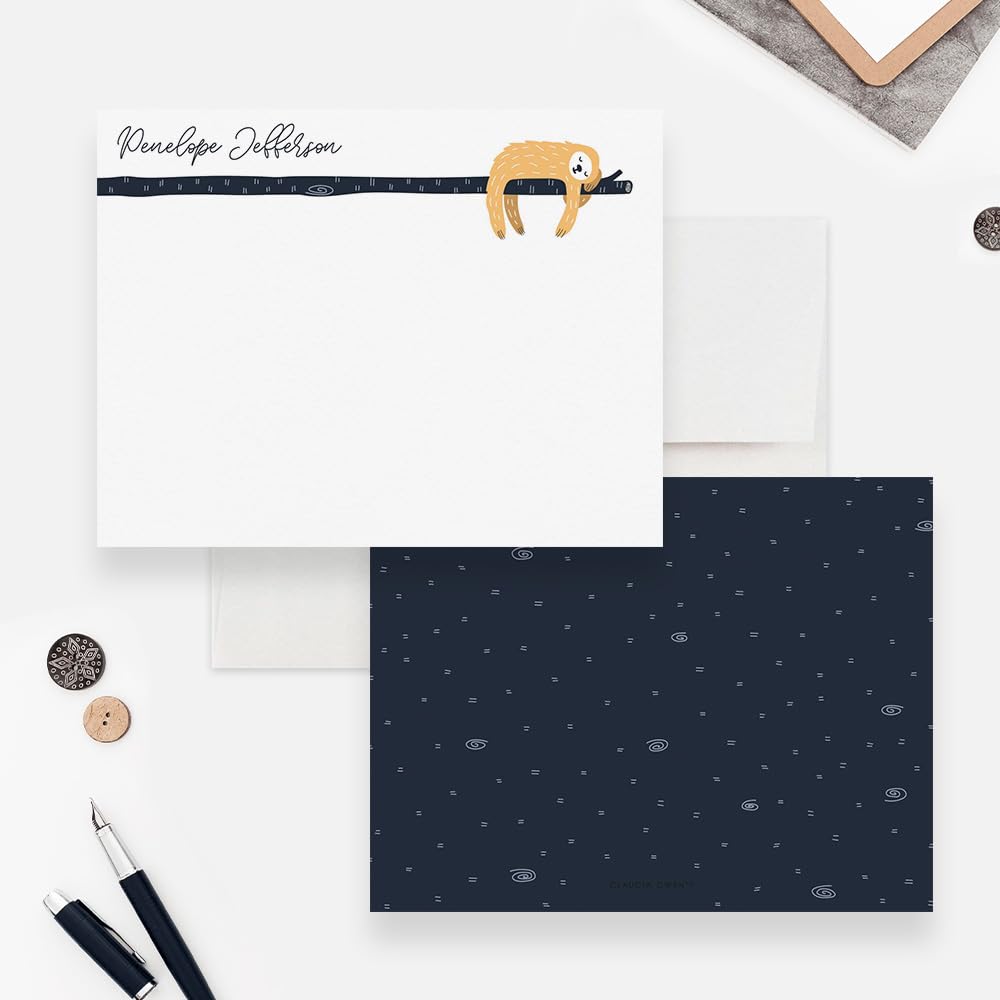 Custom Sloth Note Cards with Envelopes - Personalized Sloth Stationery Set for Girls - Thank You Cards in Multiple Colors & Quantities - Perfect for Birthdays, Thank You Notes & Gifts
