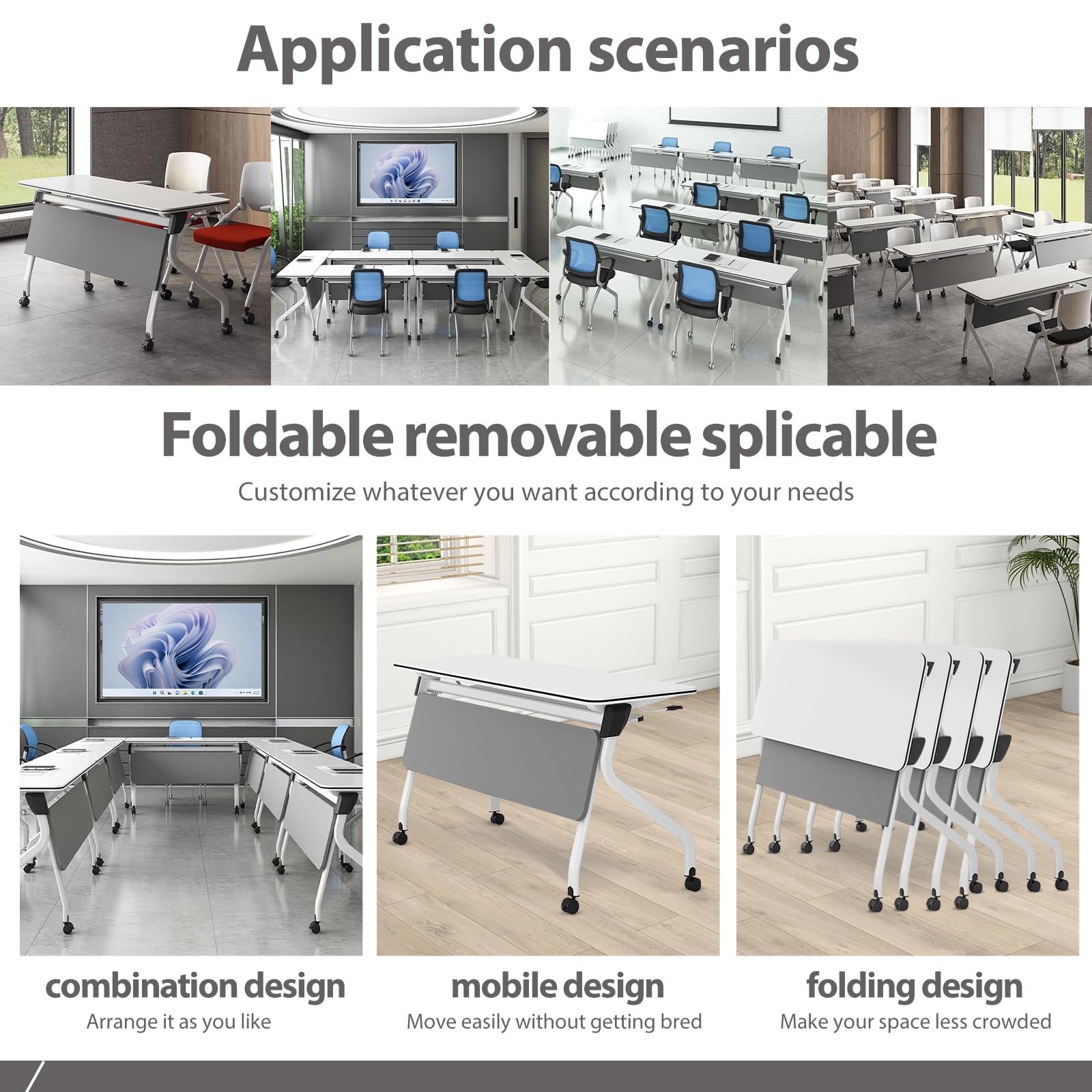 Modern Folding Conference Table for 4 People - Lockable Wheels Mobile Office Meeting Table with Foldable Design - Perfect for Home Office, Classroom, Seminar & Media Centers (4-Pack Set)