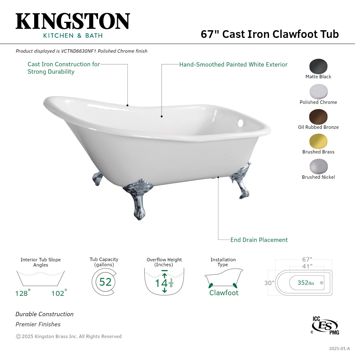 Aqua Eden 67 Inch Cast Iron Clawfoot Bathtub - Classic Flat Rim Single Slipper Design, White with Brushed Brass Finish (No Faucet Drillings) | Freestanding Soaking Tub for Bathroom, Spa, Luxury Home Decor