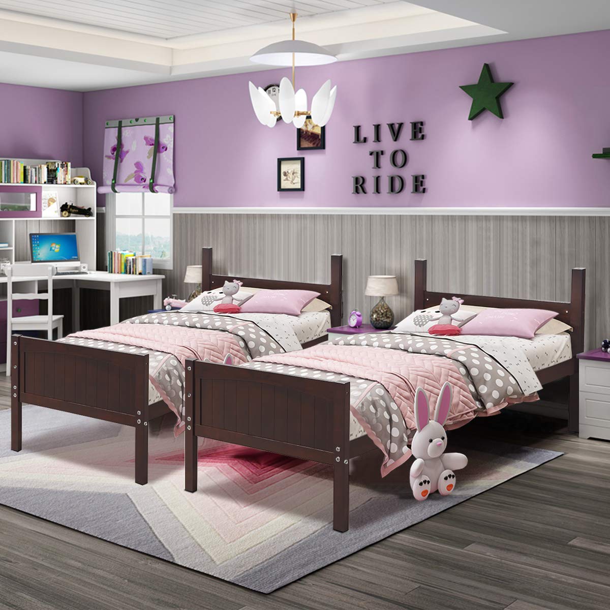 Costzon Solid Rubberwood Twin Over Twin Bunk Bed for Kids - Convertible to 2 Individual Twin Beds with Ladder & Safety Rail - Espresso Finish - Perfect for Kids' Bedrooms, Sleepovers & Space-Saving Solutions
