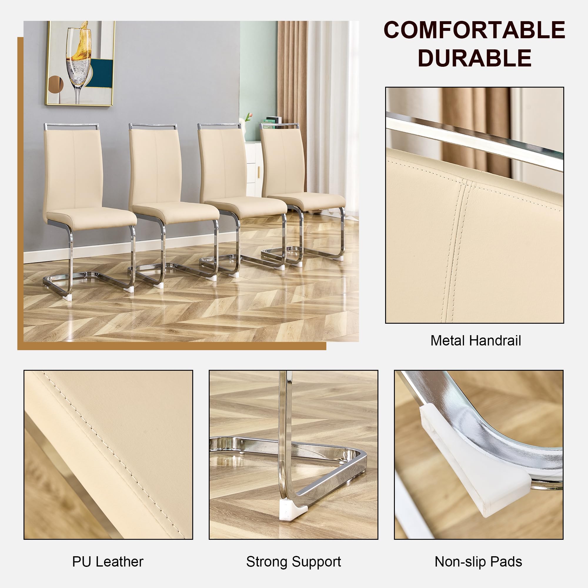 Baysitone Modern Dining Chairs Set of 4 - Silver Metal Frame & Faux Leather Padded High Back Kitchen Side Chairs for Dining Room, Kitchen, Living Room - Beige - Perfect for Family Meals, Entertaining Guests & Home Decor