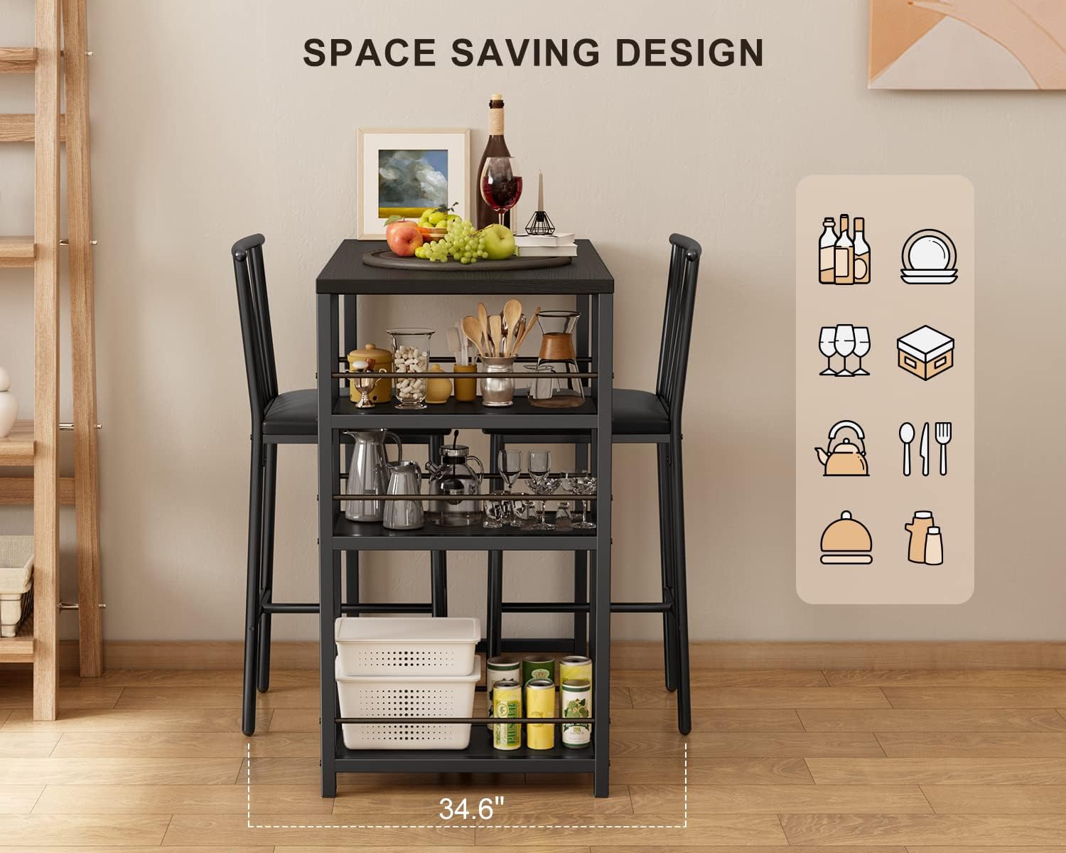 Gizoon 3-Piece Dining Table Set for 2 with Storage Shelves - Kitchen Table & Chairs with PU Cushion Seats & Thick Wood Top - Compact Space-Saving Design for Small Apartments, Breakfast Nooks & Cozy Kitchens - Black