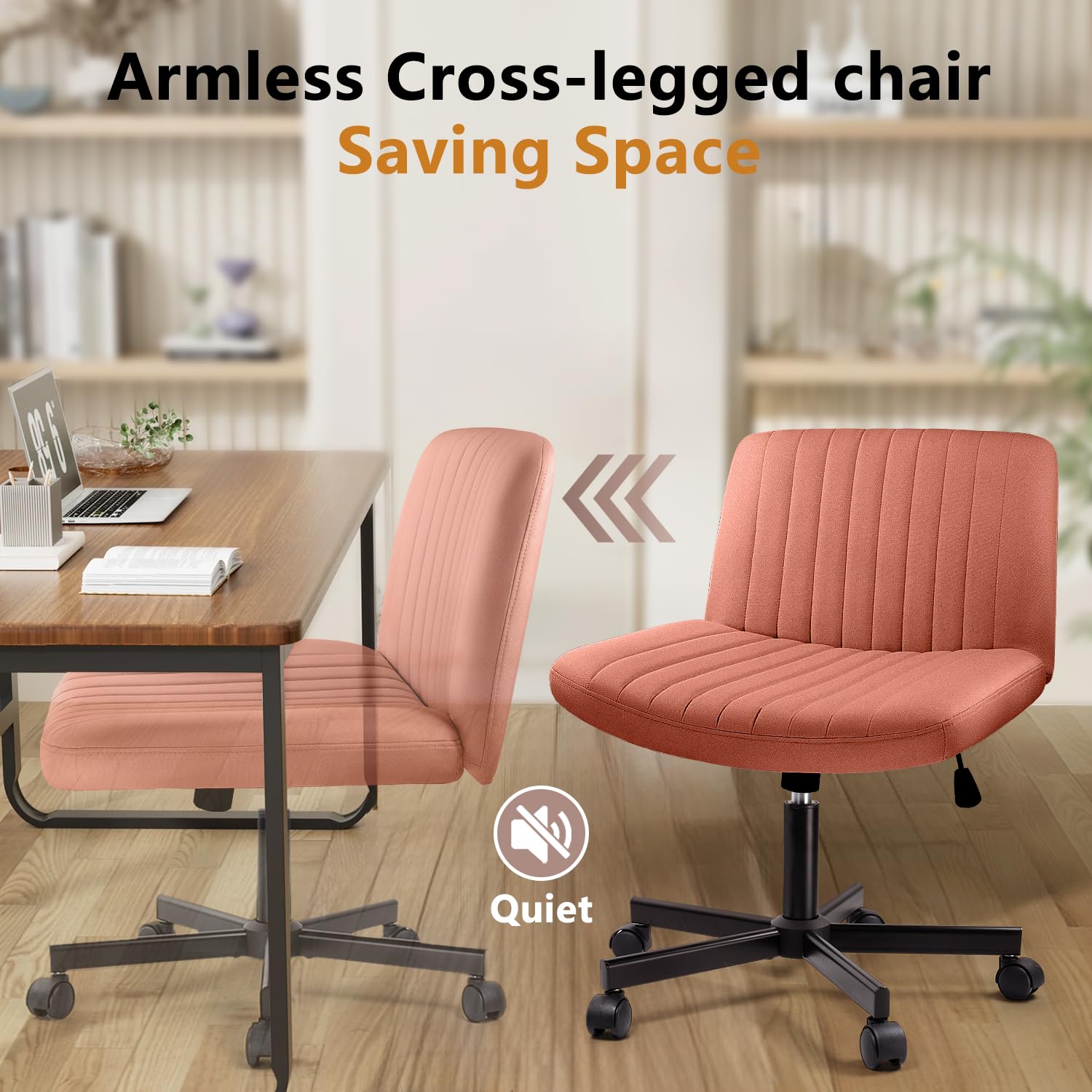 Criss Cross Chair with Wheels - Armless Cross Legged Office Vanity Chair - Comfortable Fabric Wide Swivel Desk Chair for Home Office - Adjustable Vanity Chair with Back Support - Brown - Perfect for Workstations, Makeup Tables & Small Spaces