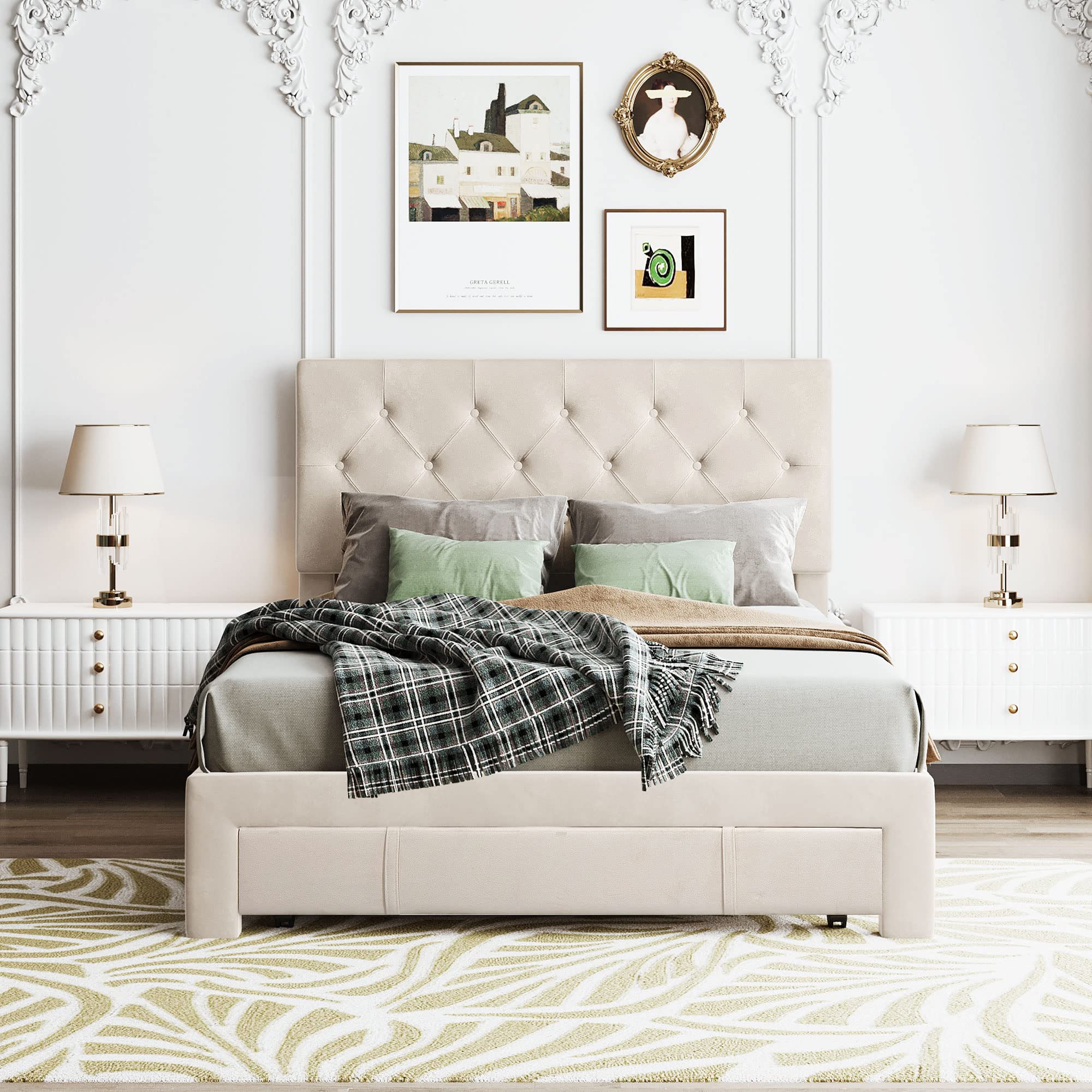 Luxury Full Size Storage Bed with Velvet Upholstered Platform & Large Drawer - Perfect for Small Bedrooms, Guest Rooms & Apartment Living