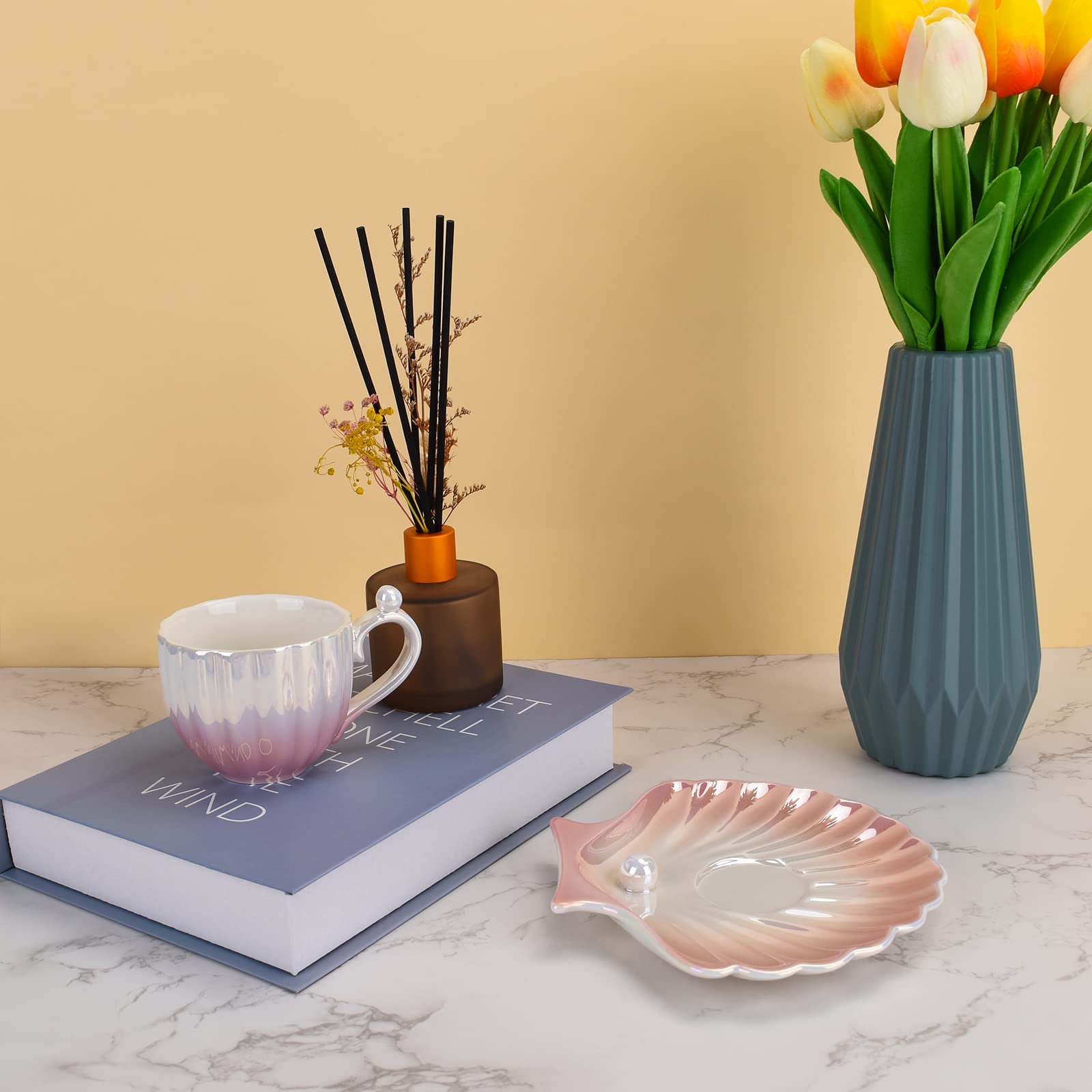 Koythin Ceramic Coffee Mug with Saucer - Creative Pearl Shell Design, 6.5 oz (200ml) Tea Latte Milk Cup - Gradient Pink for Office & Home Use - Perfect for Morning Coffee, Afternoon Tea, and Gift Giving