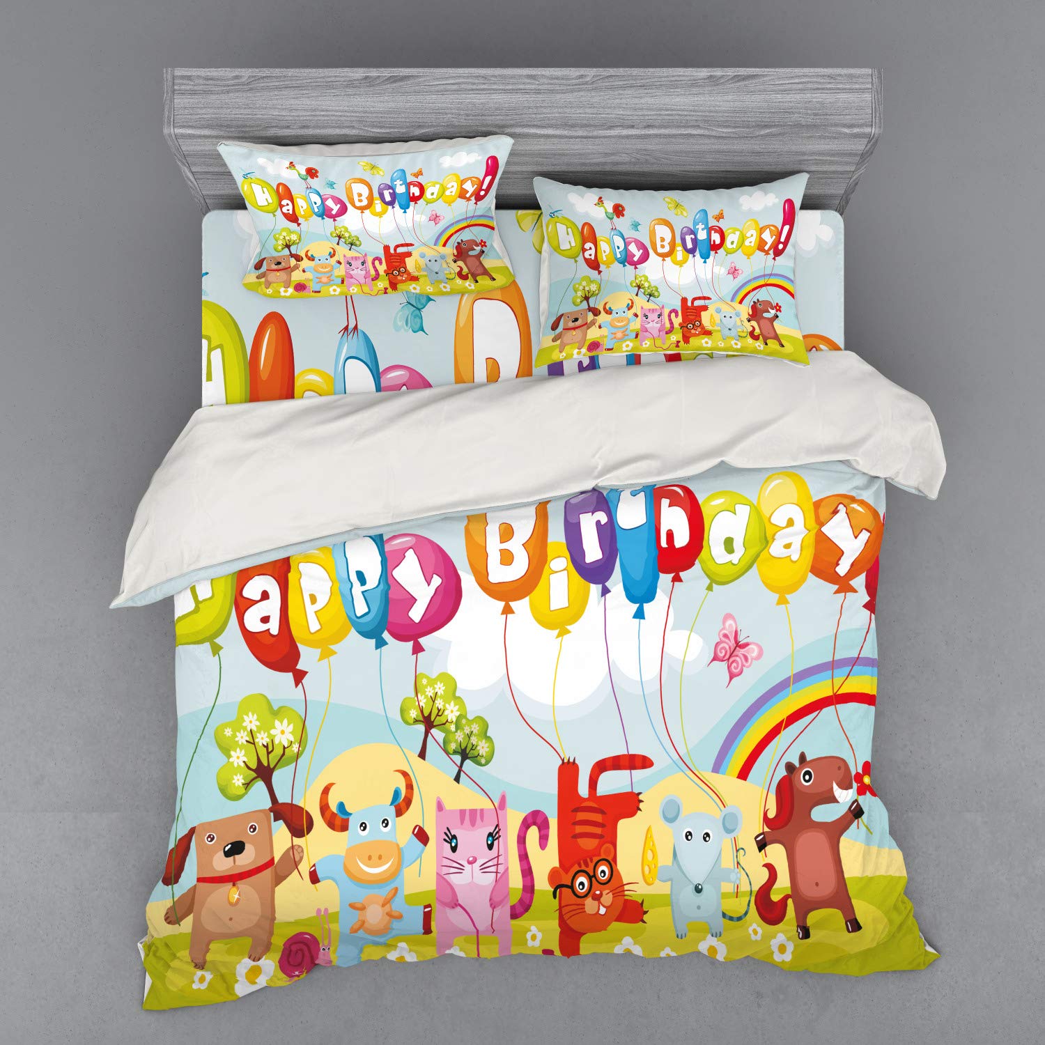 Ambesonne Farm Life Animals Birthday Party Bedding Set - King Size 4-Piece Duvet Cover with Shams & Fitted Sheet, Colorful Balloons Rainbow Clouds Village Theme - Perfect for Kids' Birthday Parties, Themed Bedrooms & Fun Sleepovers
