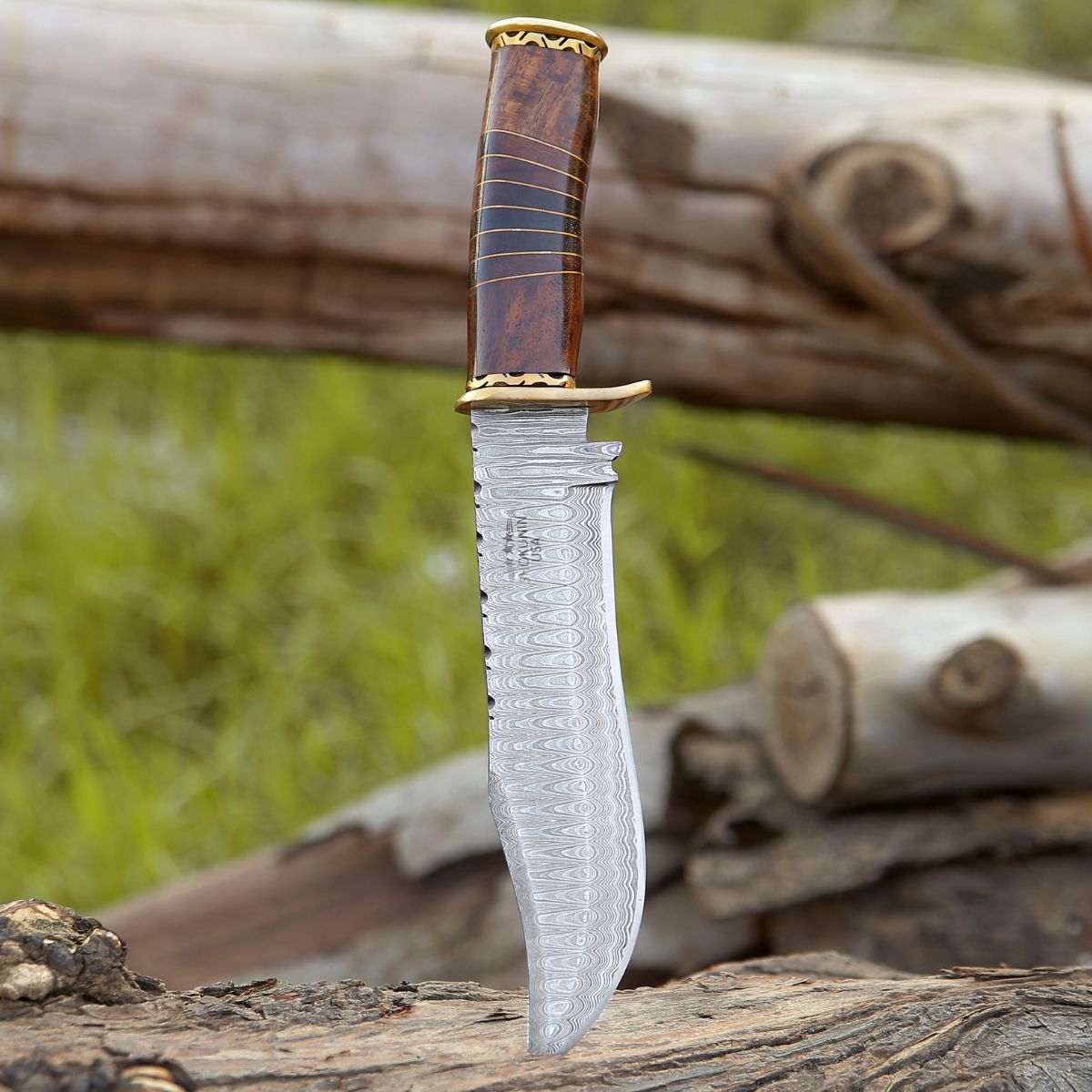 Premium Damascus Steel Bowie Knife with Rosewood Mosaic Handle - Hunting, Camping & Outdoor Survival Tool