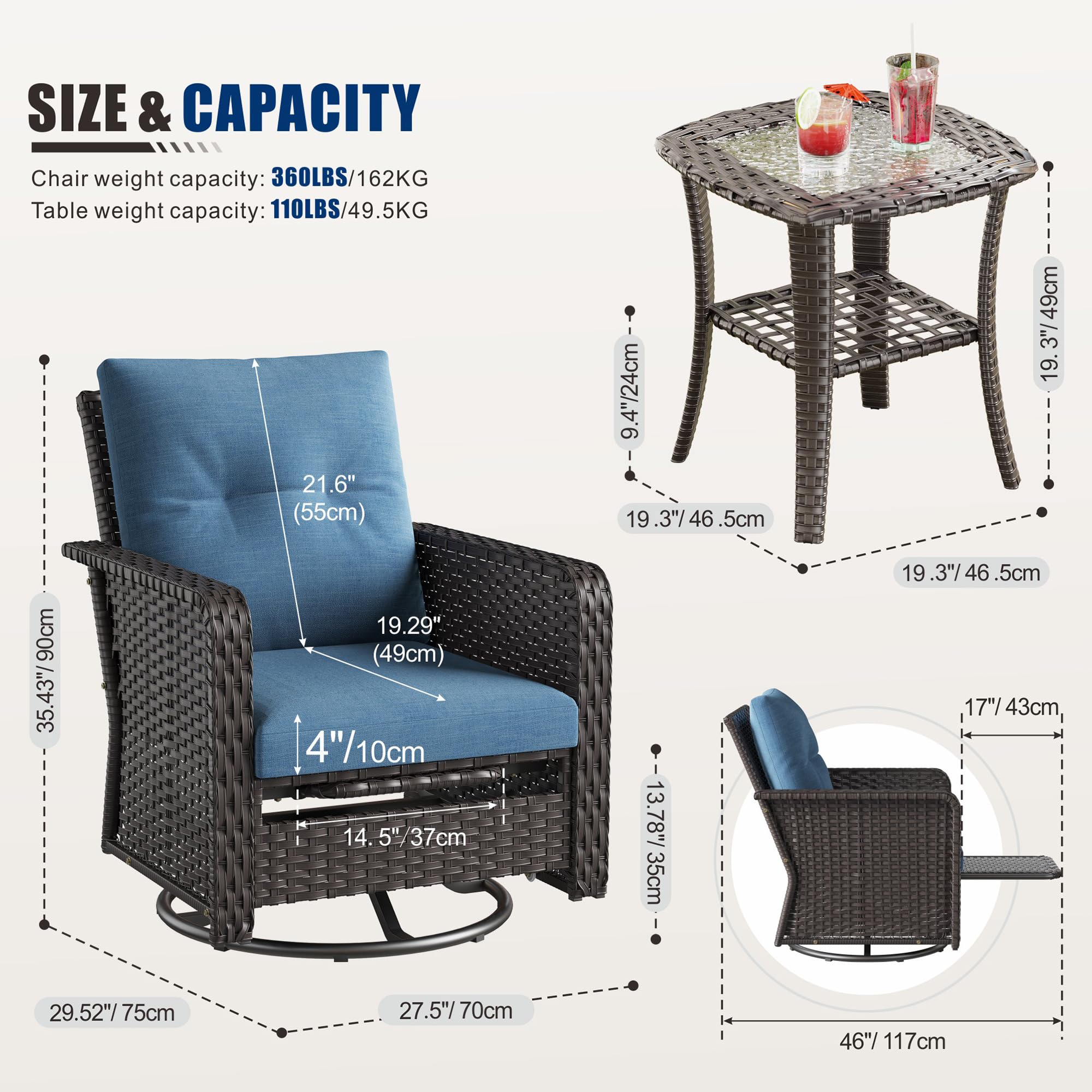 4-Seat Outdoor Patio Furniture Set with 2 Padded Rocking Chairs & Wicker Sofa - Blue Cushion for Backyard, Garden, Poolside Relaxation and Conversation