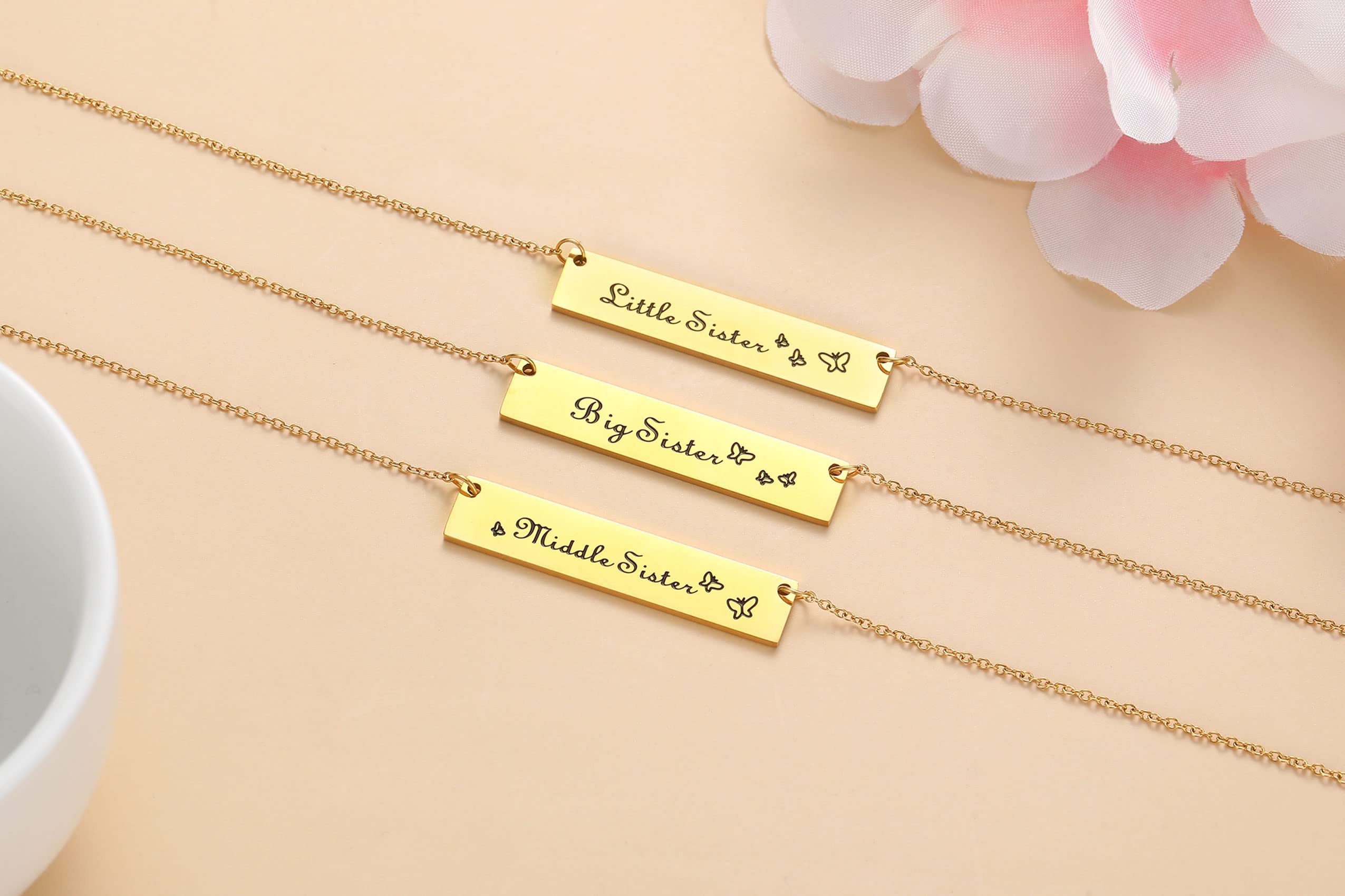 Stainless Steel Sister Necklace Set - 3 Pcs Matching Big Sis, Little Sis & Middle Sis Pendant Necklaces | Thoughtful Birthday & Christmas Gifts for Sisters & Daughters | Perfect for Sister Bonding, Family Reunions & Special Occasions