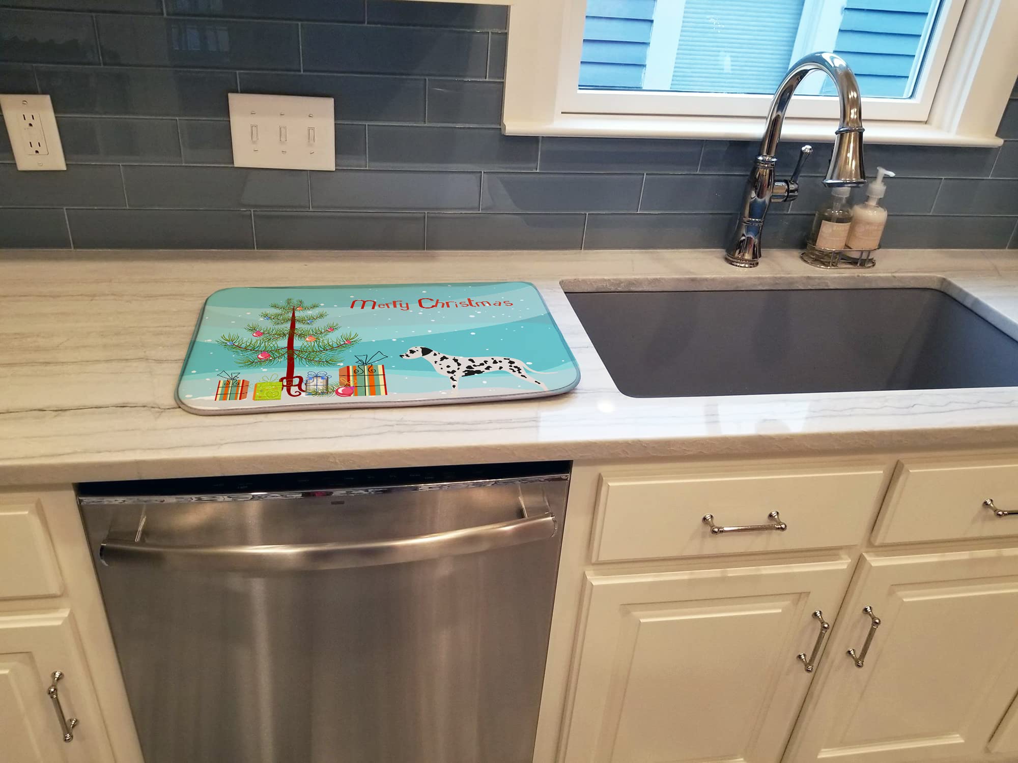 Dalmatian Christmas Dish Drying Mat - Absorbent Kitchen Counter Pad (14x21