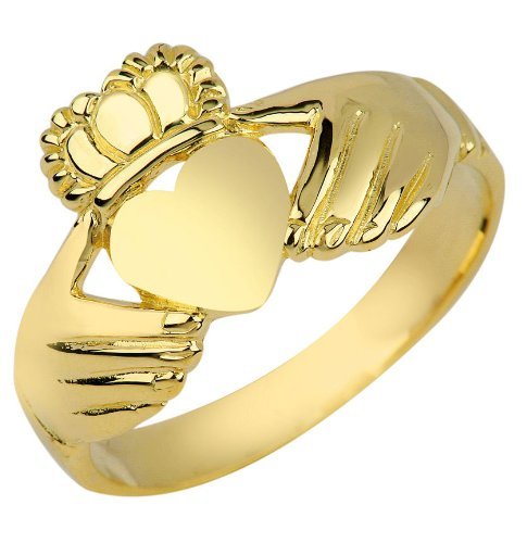 10k Yellow Gold Claddagh Rings for Women - High Polish Irish Wedding & Engagement Rings - Perfect for Valentine's Day, Anniversary & Celtic Jewelry Gifts