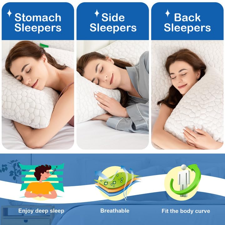 SUPA MODERN Cooling Bed Pillows 2 Pack - Adjustable Shredded Memory Foam Pillows for Side, Back & Stomach Sleepers - Queen Size Gel Pillows with Washable Cover - Perfect for Hot Sleepers & Night Sweat Relief - Ideal for Home, Office & Travel Use