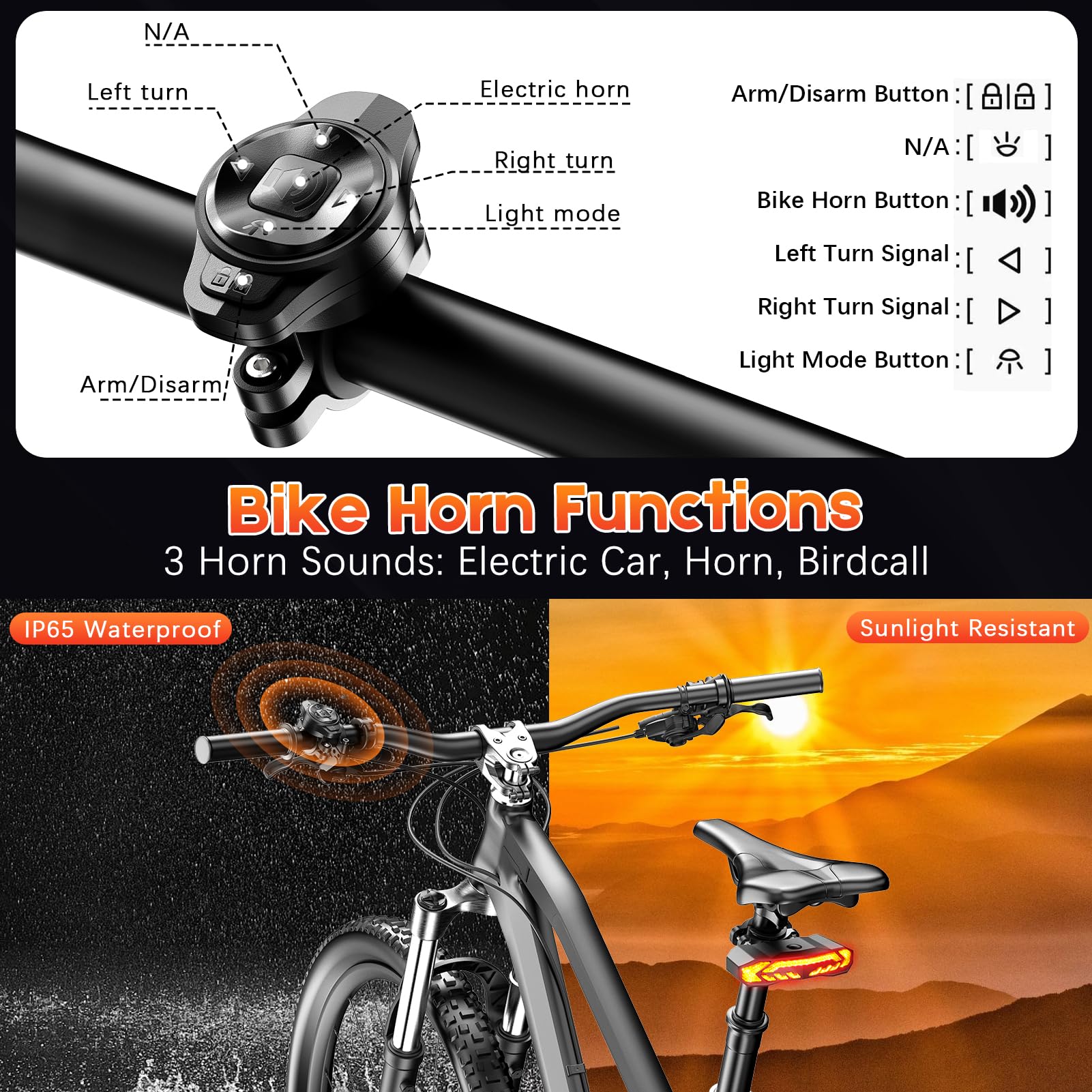 Smart Bike Tail Light with Turn Signals & Brake Light - Anti-Theft Bike Alarm with Remote Control - USB-C Rechargeable Bike Horn - Auto ON/OFF & IP65 Waterproof - Perfect for Night Cycling, Commuting & Urban Safety