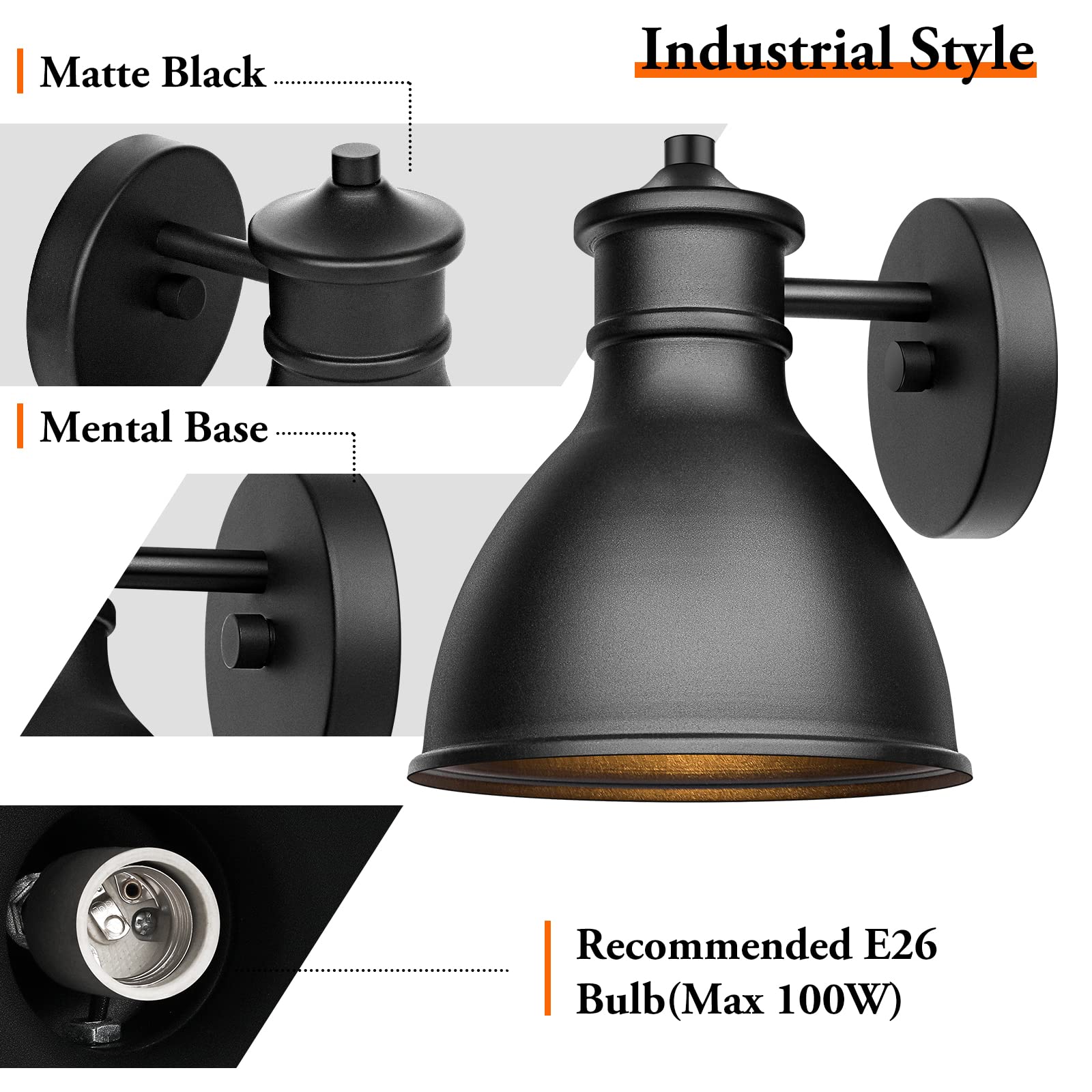 Brightever Outdoor Wall Sconce Lantern - Farmhouse Wall Mount Porch Light Fixture, Industrial Patio Exterior Barn Lighting with Matte Black Finish, E26 Socket Lamp for Garage Doorway Bathroom (2 Pack) - Perfect for Porch, Patio, Garden, and Outdoor Entryway Lighting