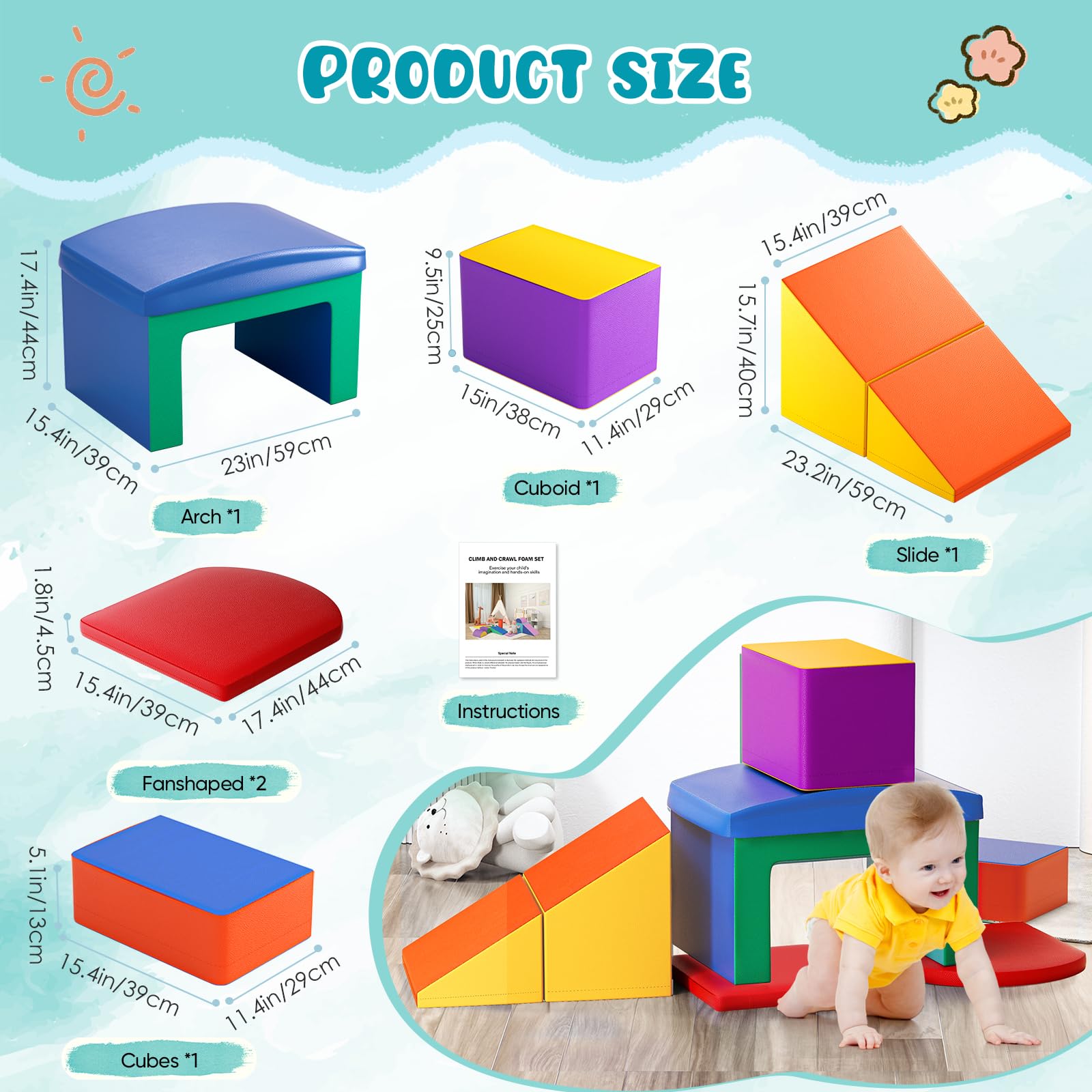 Lischwert Soft Foam Toddler Climbing Toys Set - 6-Piece Indoor Play Gym with Slide, Stairs & Ramp - Safe Kids Climbing Equipment for Toddlers & Children - Perfect for Playrooms, Daycares & Home Use (Colorful)