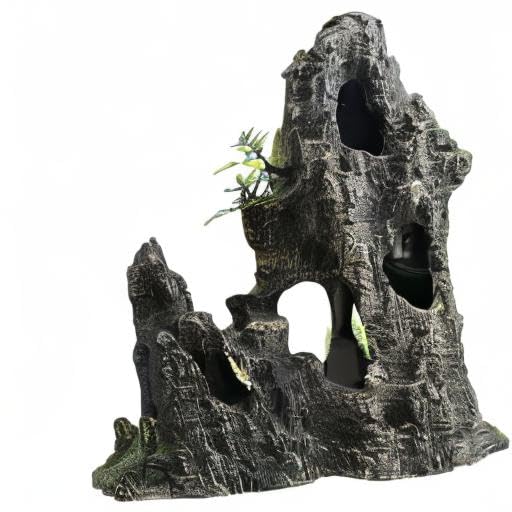 Large & Tall Aquarium Mountain View Stone Decor - 11 Inch Resin Rock Cave Ornament with Plants for Fish Tank Aquascaping | Perfect for Betta Fish, Goldfish & Tropical Aquariums