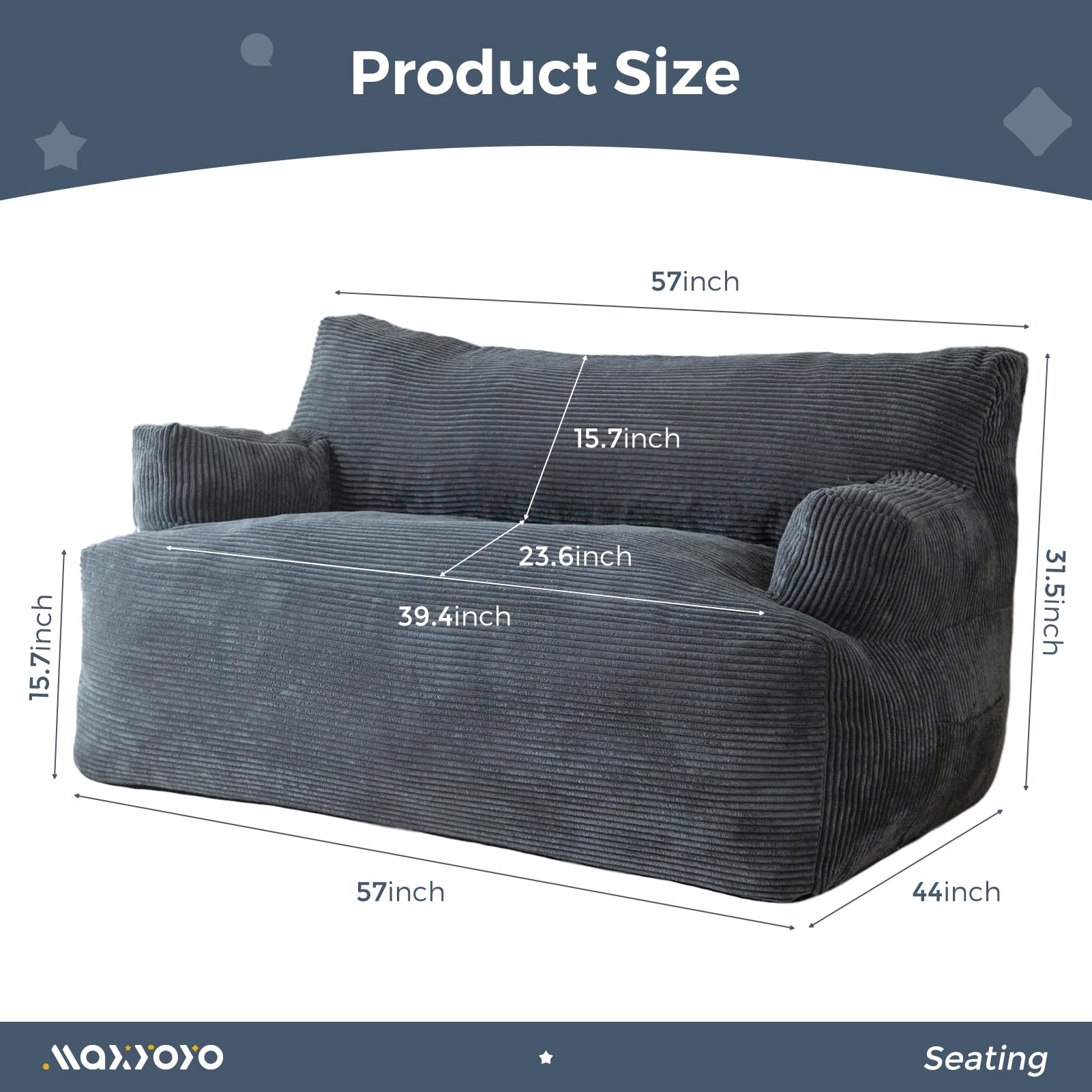 MAXYOYO Oversized 2-Seater Bean Bag Chair for Adults - Dark Grey Loveseat Bean Bag Couch with Filler | Perfect for Living Room, Game Room & Dorm Relaxation