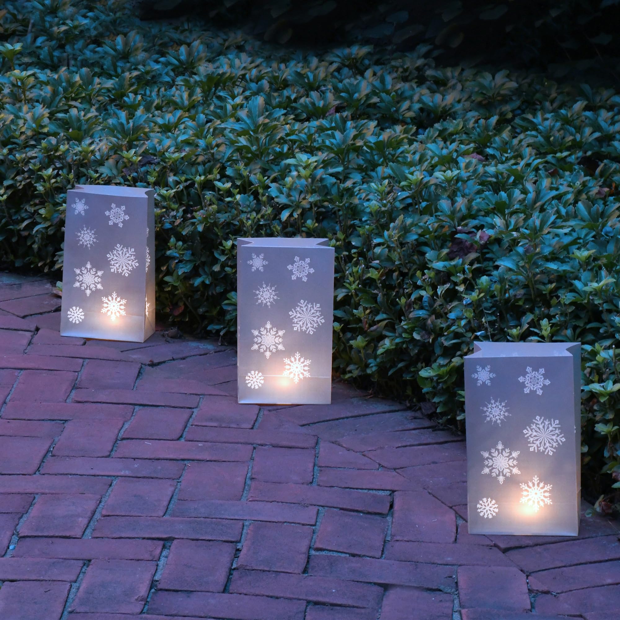 LumaBase Battery Operated Luminaria Kit with Timer - Silver Snowflake Design - Set of 6 Outdoor Christmas Decorations for Pathway, Garden, and Holiday Lighting