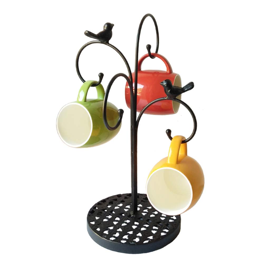 LUYIYI 4 Mugs Tree Drain Rack - European Style Iron Coffee Cup Hanger Shelf, Glass Storage Organizer (40.5cm/16in) - Perfect for Kitchen, Bar, or Office Countertop