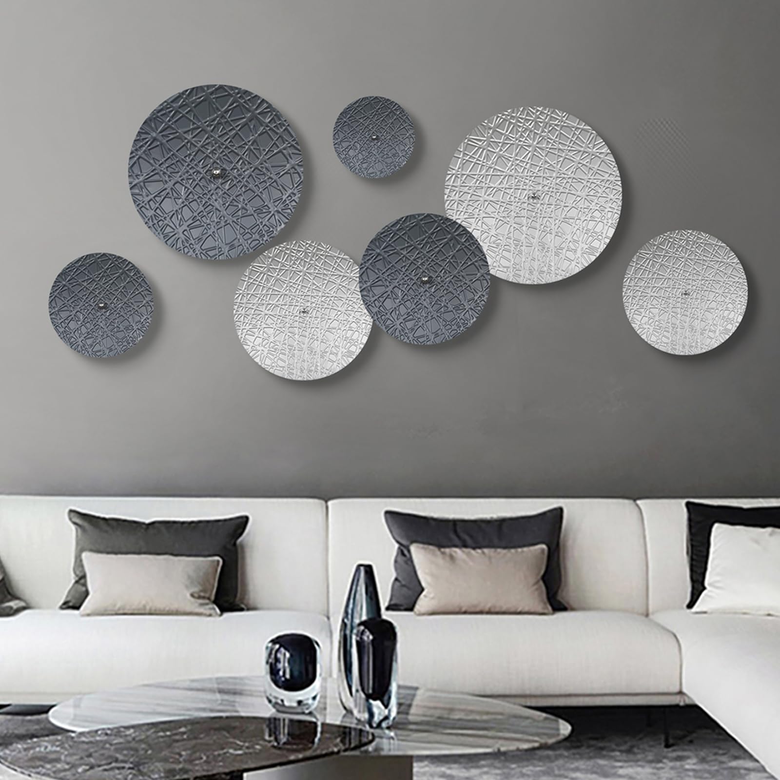Modern Silver Wall Art - 7PC Metal Sculptures for Living Room & Office Decor
