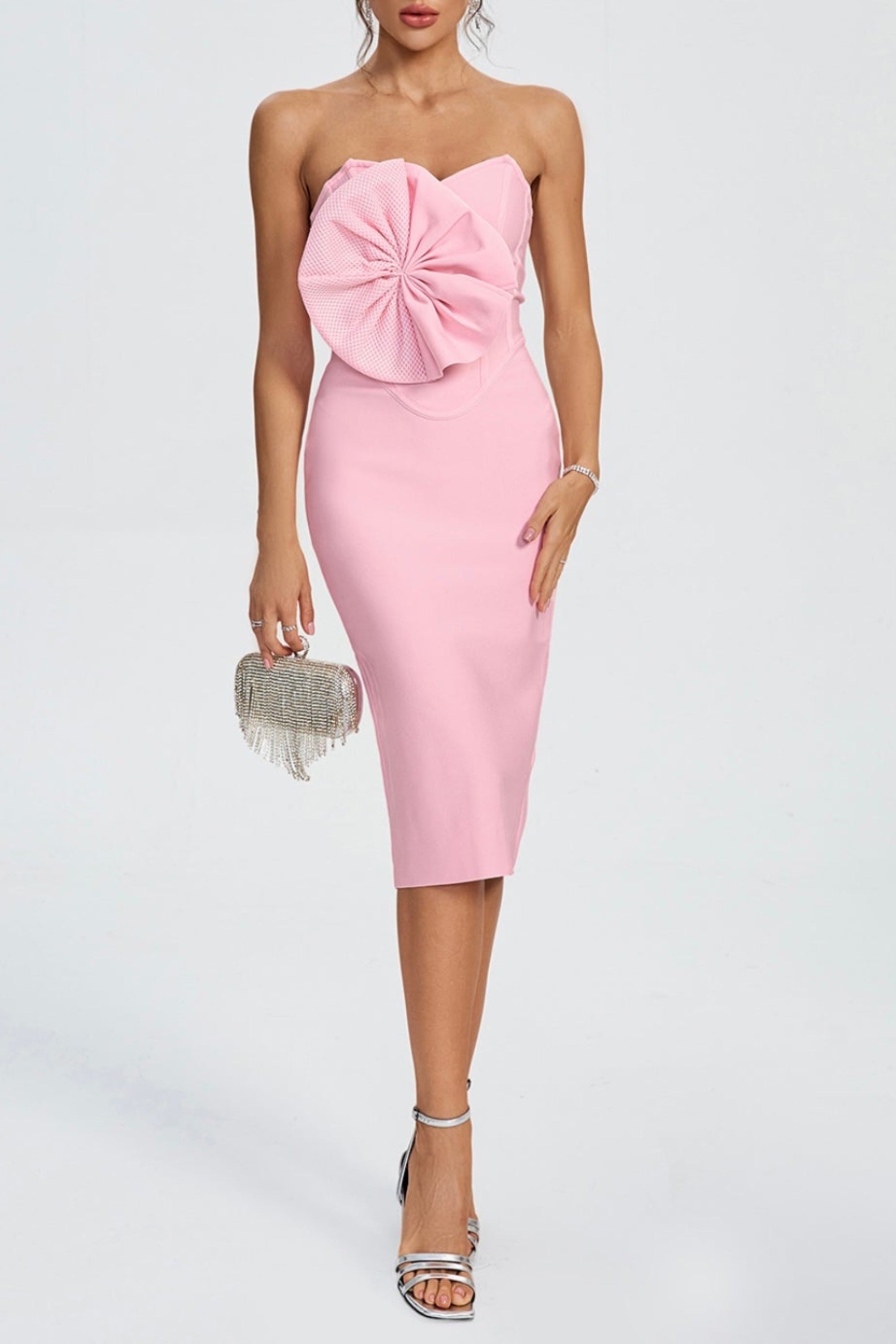 Annabelle Bowknot Bandage Bustier Midi Dress in Pink - Elegant Bodycon Dress for Women, Perfect for Parties, Date Nights & Special Occasions
