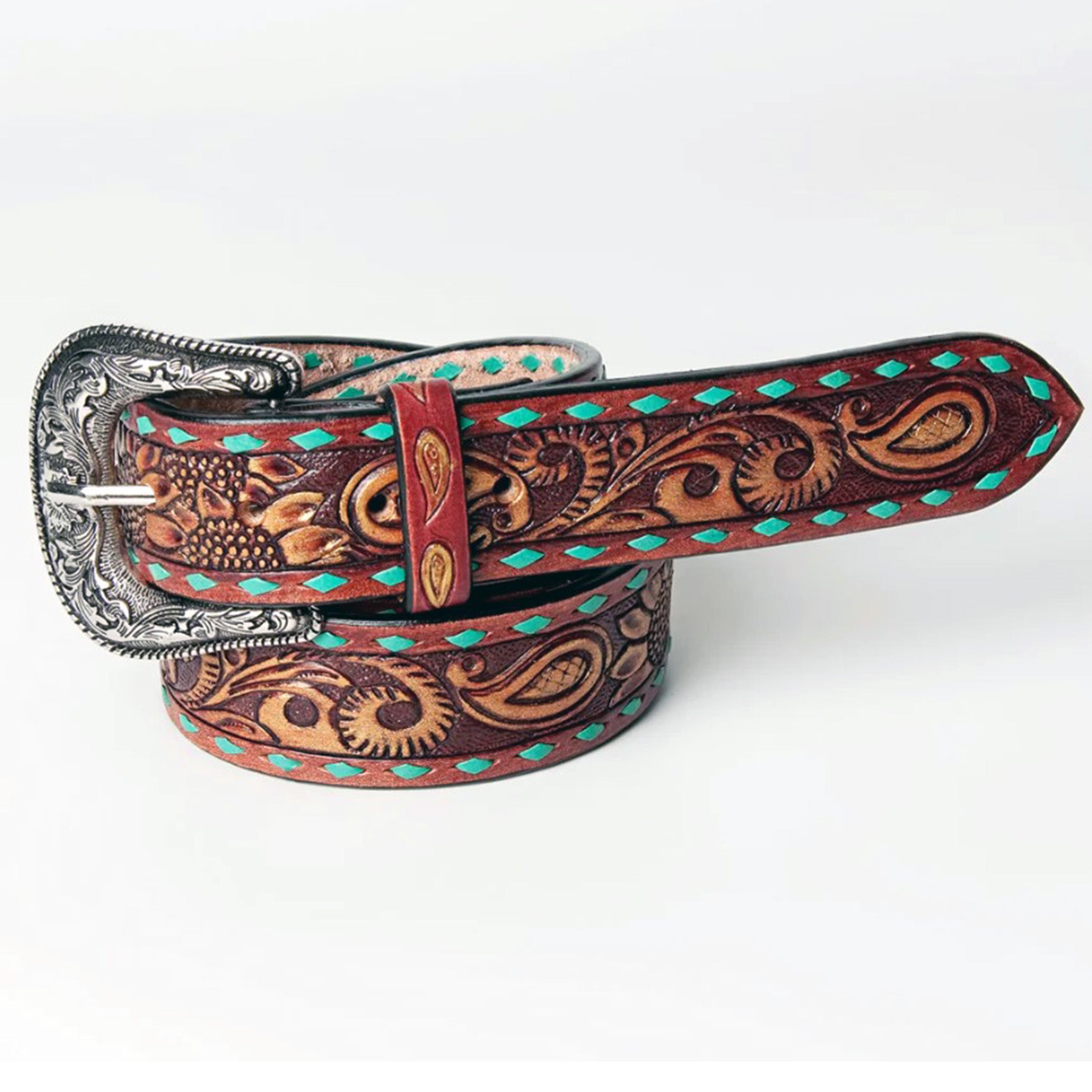 American Darling Women's Tooled Buckstitch Belt - Handcrafted Genuine Leather Western Belt for Women | Perfect for Cowgirl Boots, Jeans & Country Style Outfits
