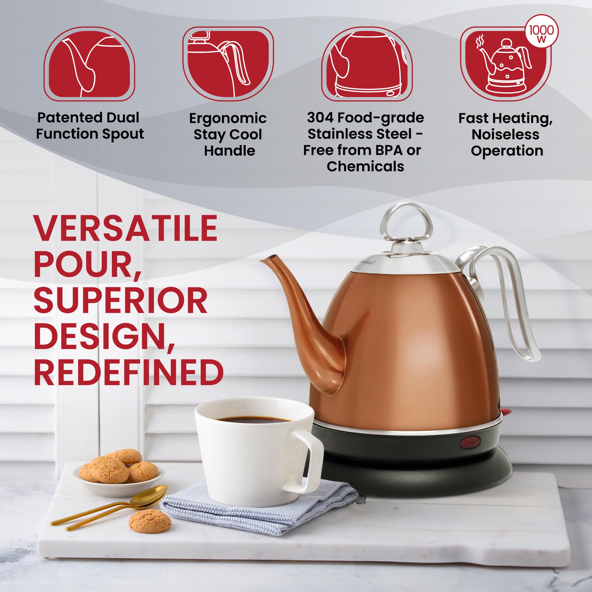 Chantal Mia 32 oz Electric Kettle - Fast Boiling, Auto Shut-Off, Copper Finish - Perfect for Tea, Coffee & Office Use