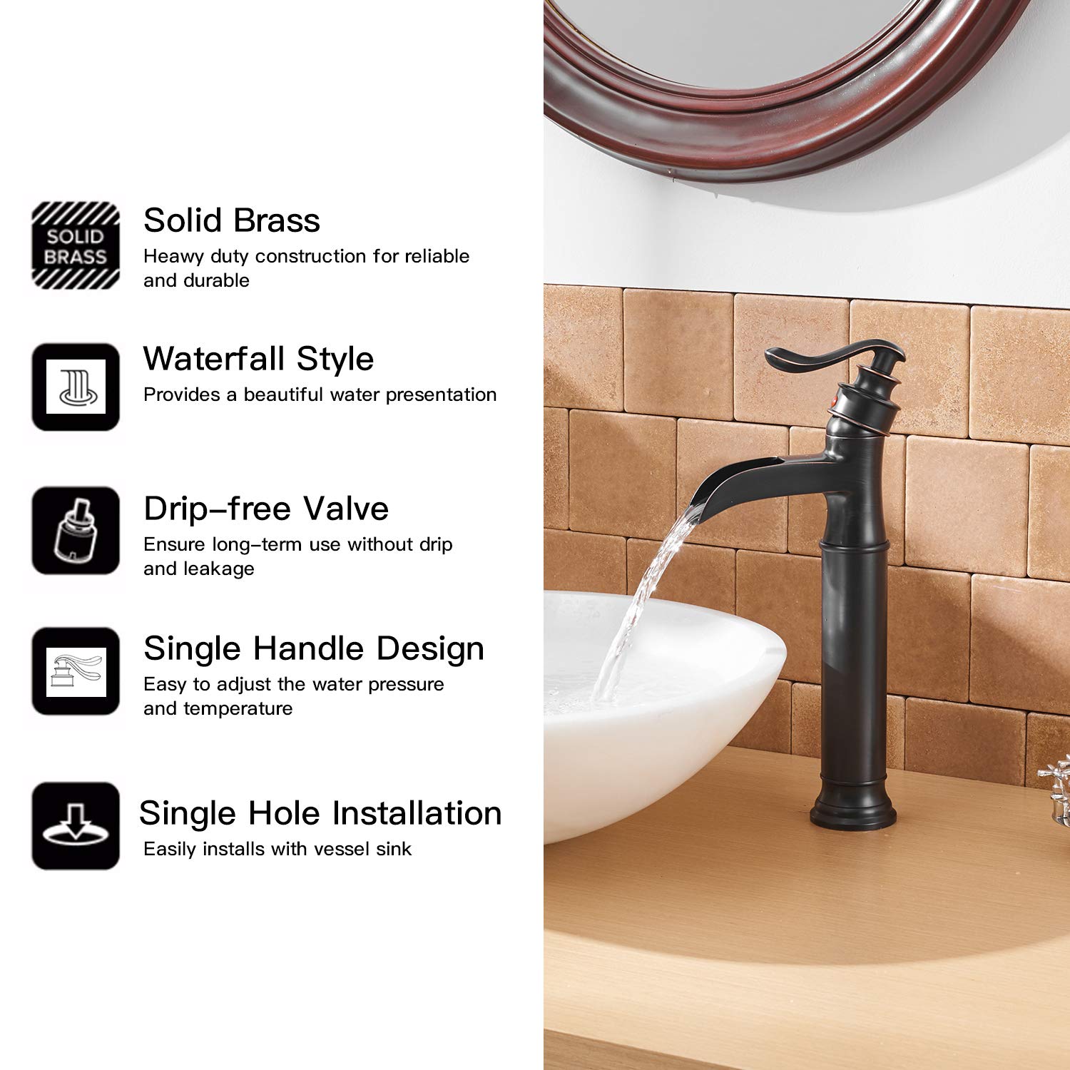 Oil Rubbed Bronze Vessel Sink Faucet with Waterfall Spout & Pop-Up Drain - Single Handle Bathroom Vanity Faucet Set with Overflow Drain Stopper - Perfect for Modern Farmhouse & Spa Bathroom Decor