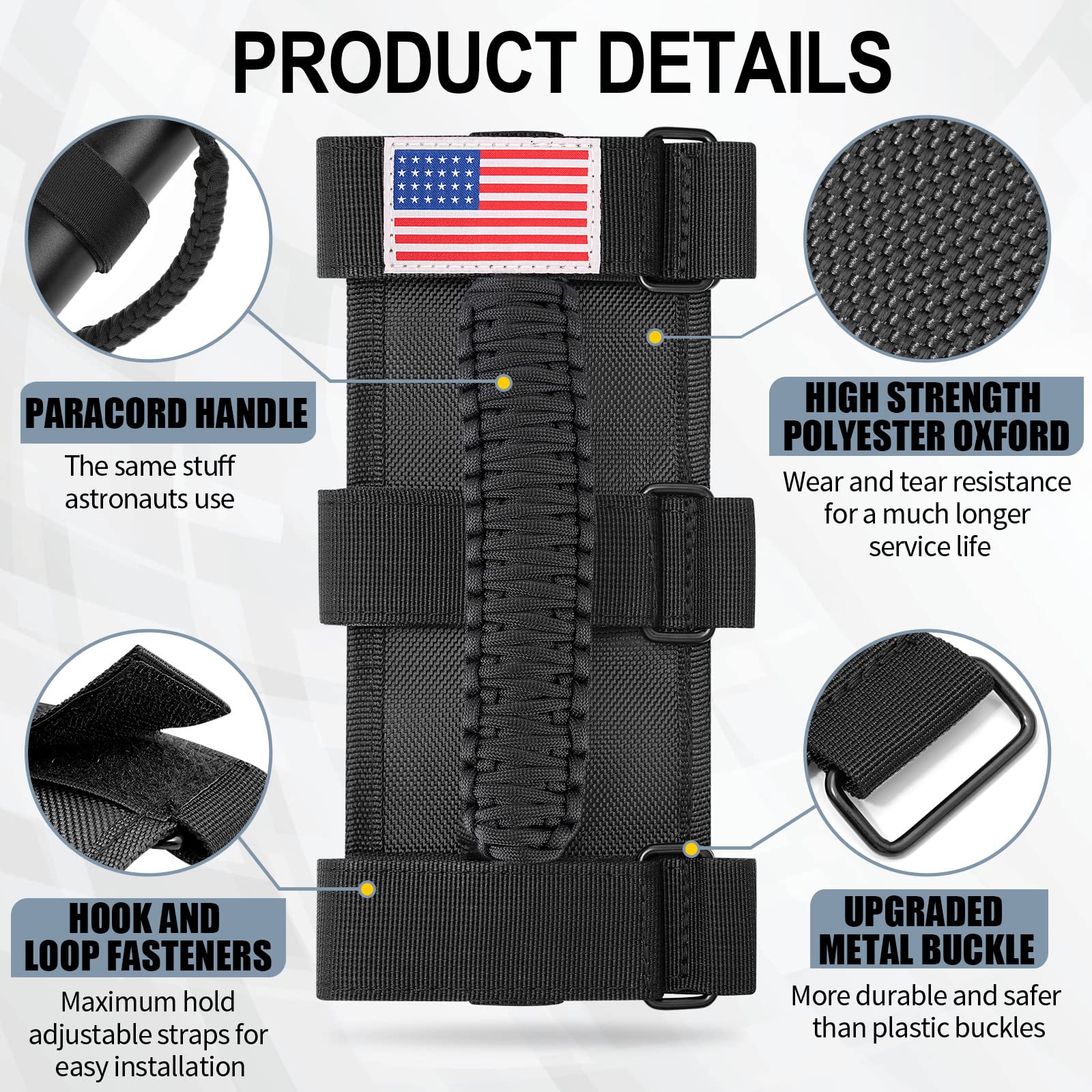 4 Pack Roll Bar Grab Handles for Jeep Wrangler JL JK TJ YJ & Gladiator (1955-2023) - Heavy Duty Paracord Grip with Upgraded Metal Buckles - Perfect for Off-Roading, Camping & Jeep Accessories