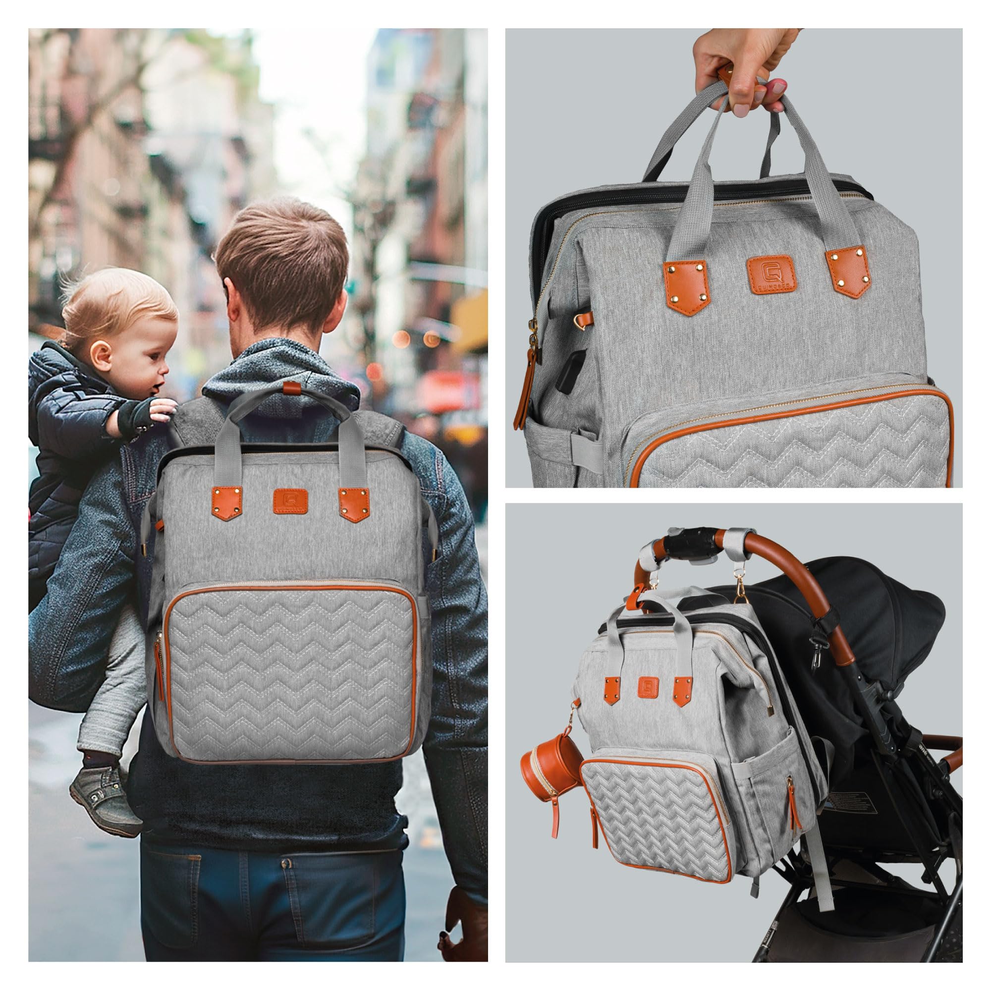 QUINO&CO Baby Diaper Backpack with Changing Station - Large Capacity Waterproof Diaper Bag for Boys & Girls | USB Charging Port & Stroller Straps | Perfect Baby Shower Gift & Travel Essential for Moms & Dads | Ideal for Daycare, Outings, and Family Trips