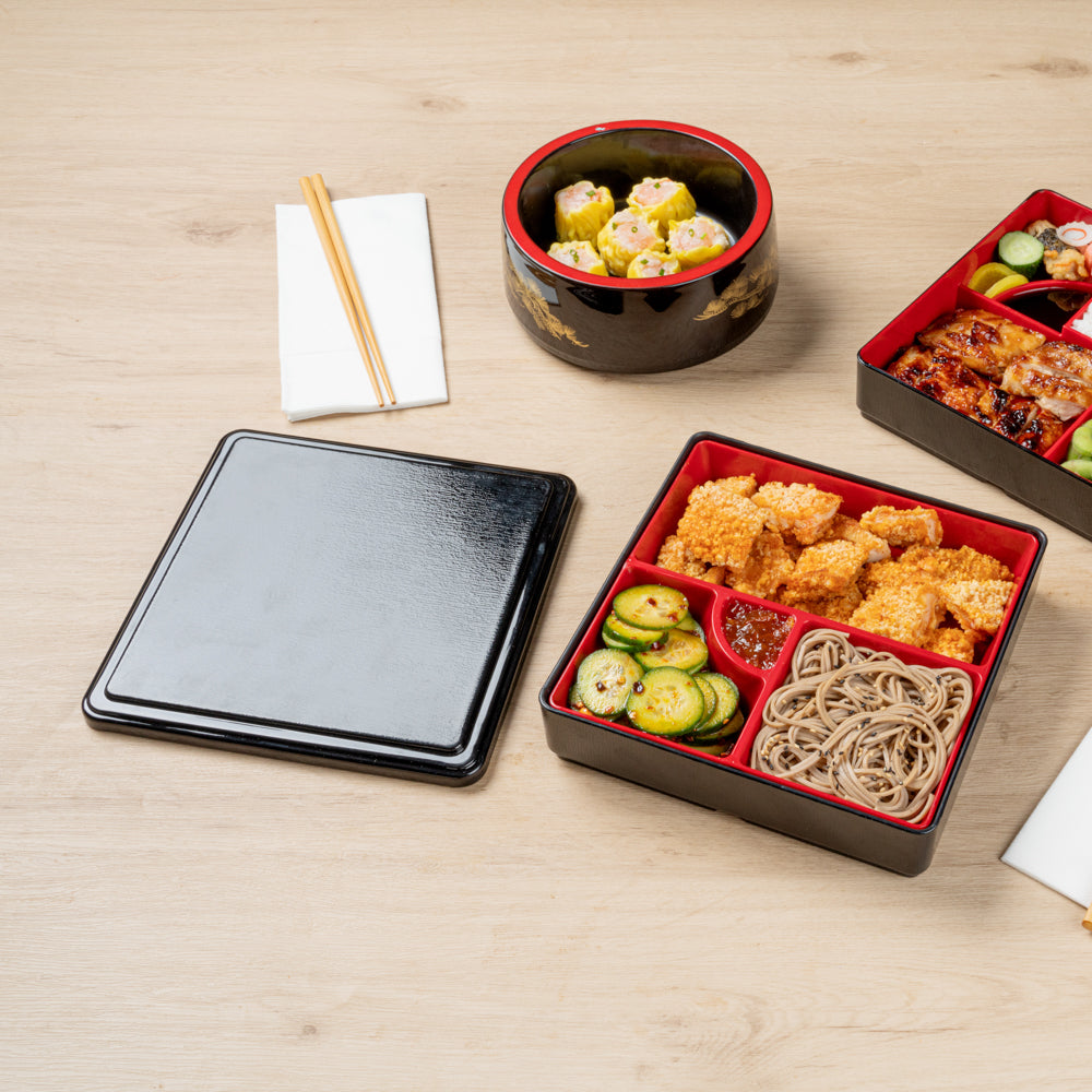 Japanese Style Bento Box - Square Black & Red 4-Compartment Lunch Box (8.25