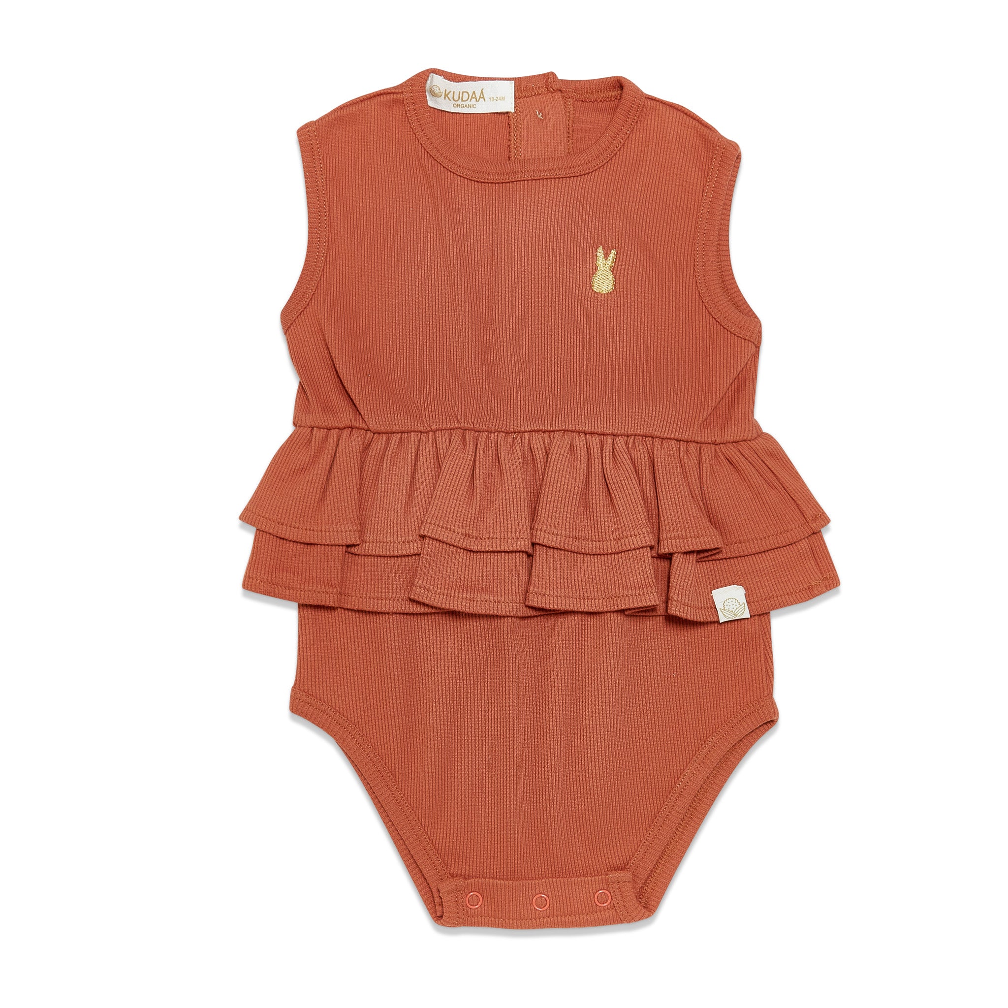 Organic Cotton Ruffle Waist Romper for Baby Girls - Soft & Comfortable One-Piece Outfit - Perfect for Playtime, Photo Shoots & Special Occasions - Paprika Color