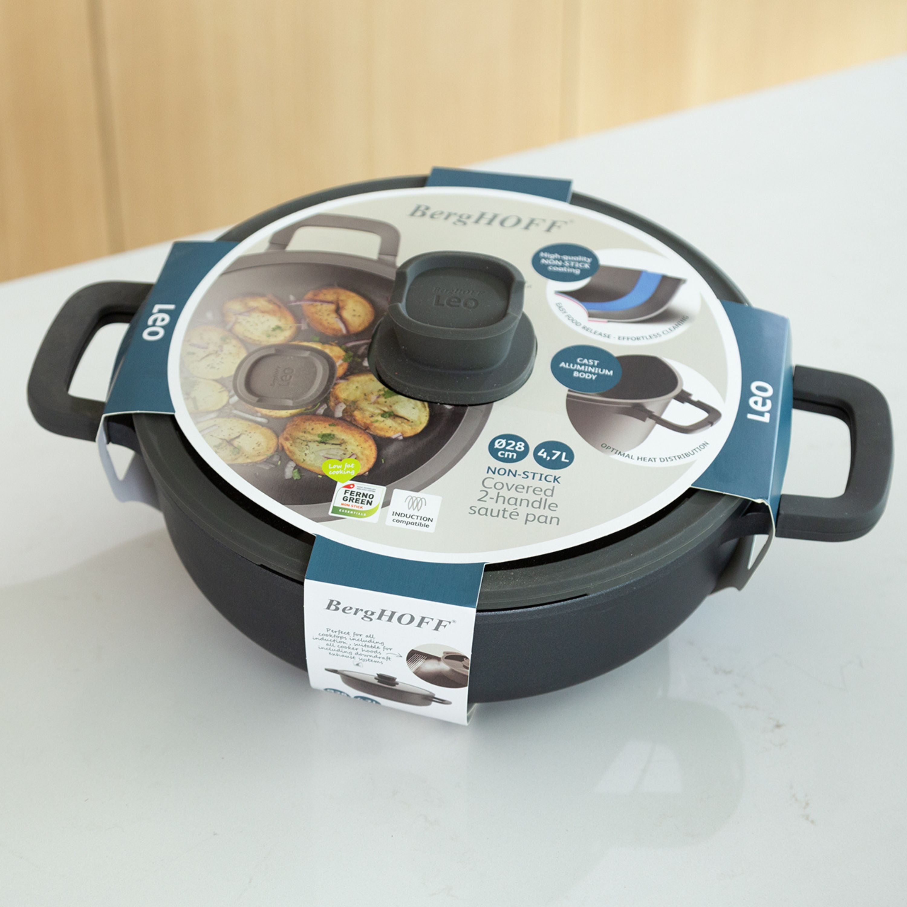 BergHOFF Leo Stone+ Nonstick Ceramic 11-Inch Sauté Pan with Lid - 5 Quart, 2 Handles, Recycled Aluminum - Perfect for Frying, Searing & Simmering - Oven & Dishwasher Safe Cookware for Home Chefs