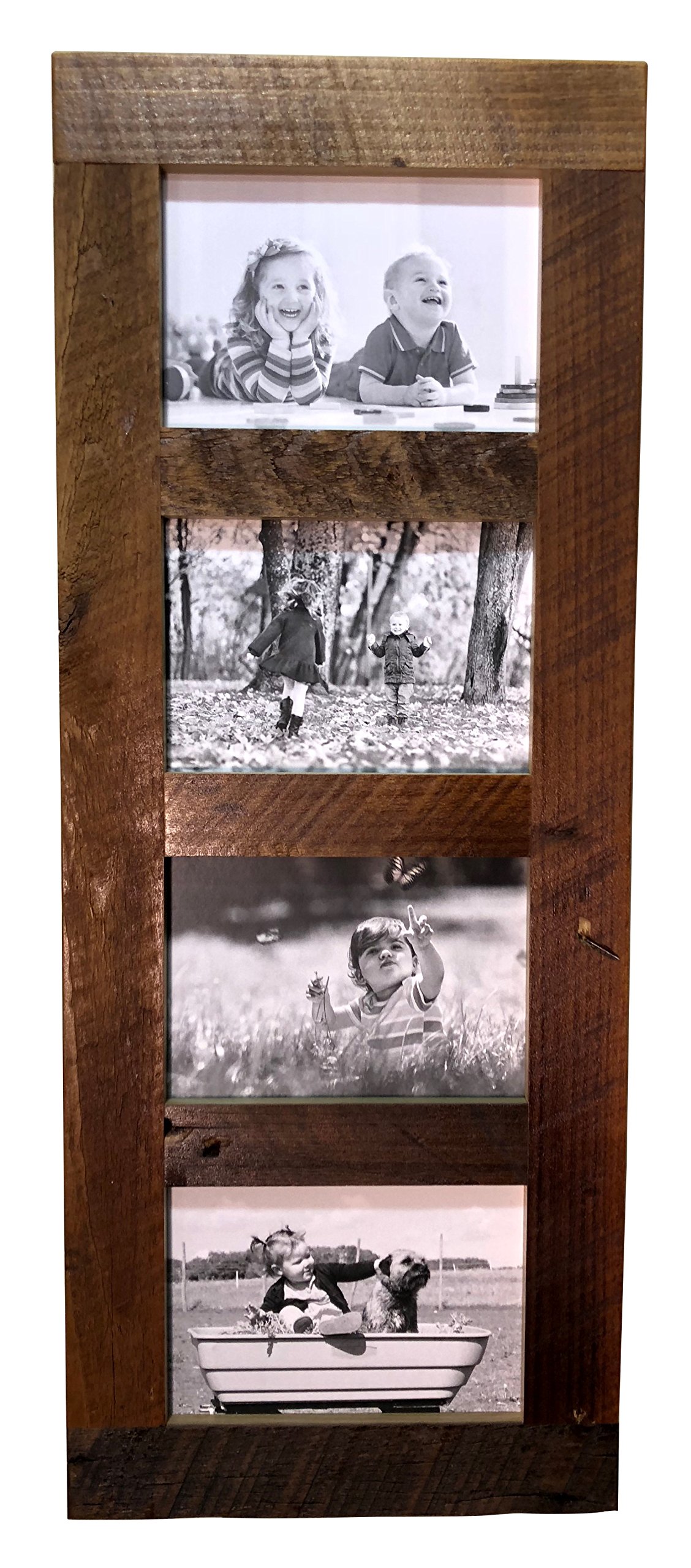 Rustic Reclaimed Barnwood Collage Picture Frame - Multi Opening Wall Display for 5x7 Photos (4 Openings) - Floating Wood Photo Frame for Living Room, Bedroom & Office Decor