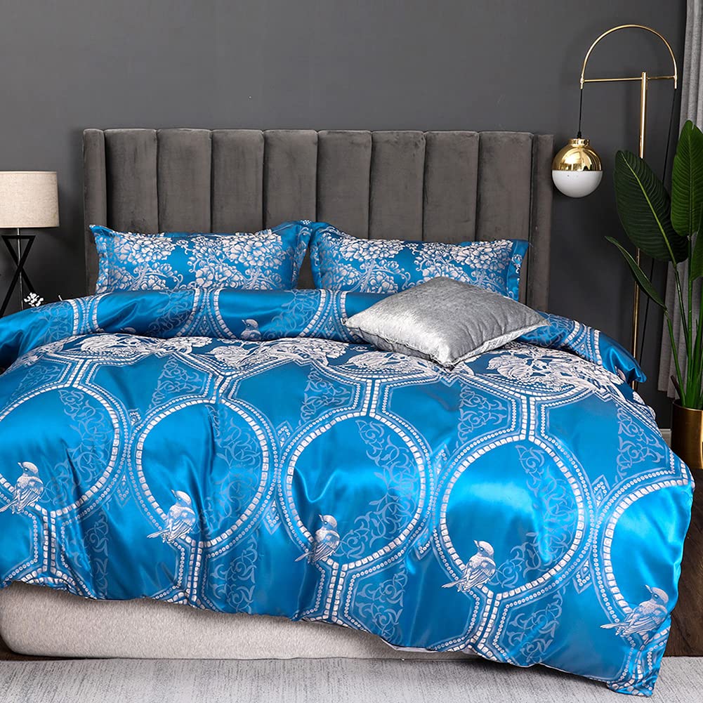 VCTOPS Luxury 3-Piece Jacquard Duvet Cover Set - King Size Soft Satin Silky Bedding Comforter Cover with Zipper Closure & Pillowcases - Blue - Perfect for Master Bedroom, Guest Room & Hotel Decor