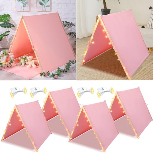 Hoolerry 6-Pack Pink Kids Play Tent - 48x48x38 Inch Foldable Teepee with LED Lights for Indoor Sleepovers, Outdoor Camping & Birthday Parties - Portable Playhouse Gift for Girls & Boys (Includes 7 Poles)