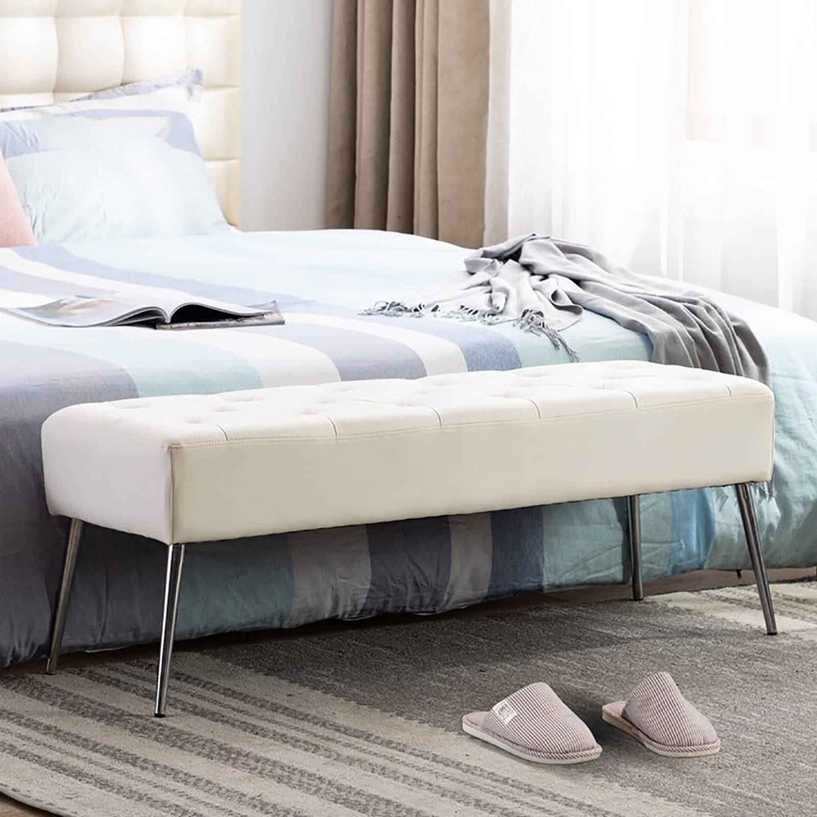 V&U Modern Upholstered Leather Bed Bench with Metal Legs - Multifunctional Ottoman for Bedroom, Entryway, Dining & Shoe Storage - White 60x40x45cm (24x16x18in) - Perfect for Small Spaces & Home Decor