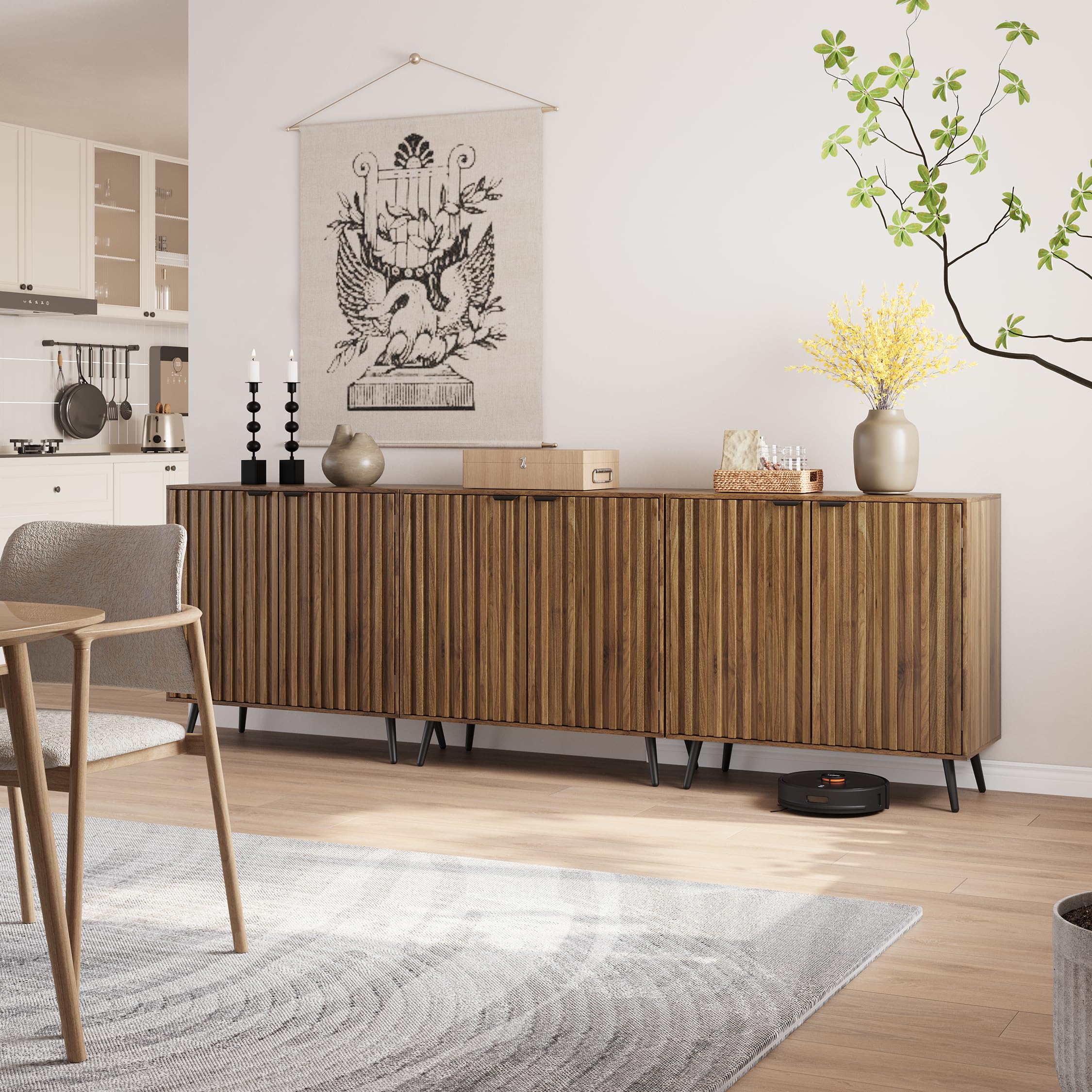 Semiocthome Walnut Buffet Cabinet with Storage - Fluted Door Sideboard with Metal Legs & Adjustable Shelf - Modern Accent Table for Living Room, Dining Room, Kitchen & Entryway - Perfect for Home Organization & Stylish Storage Solutions