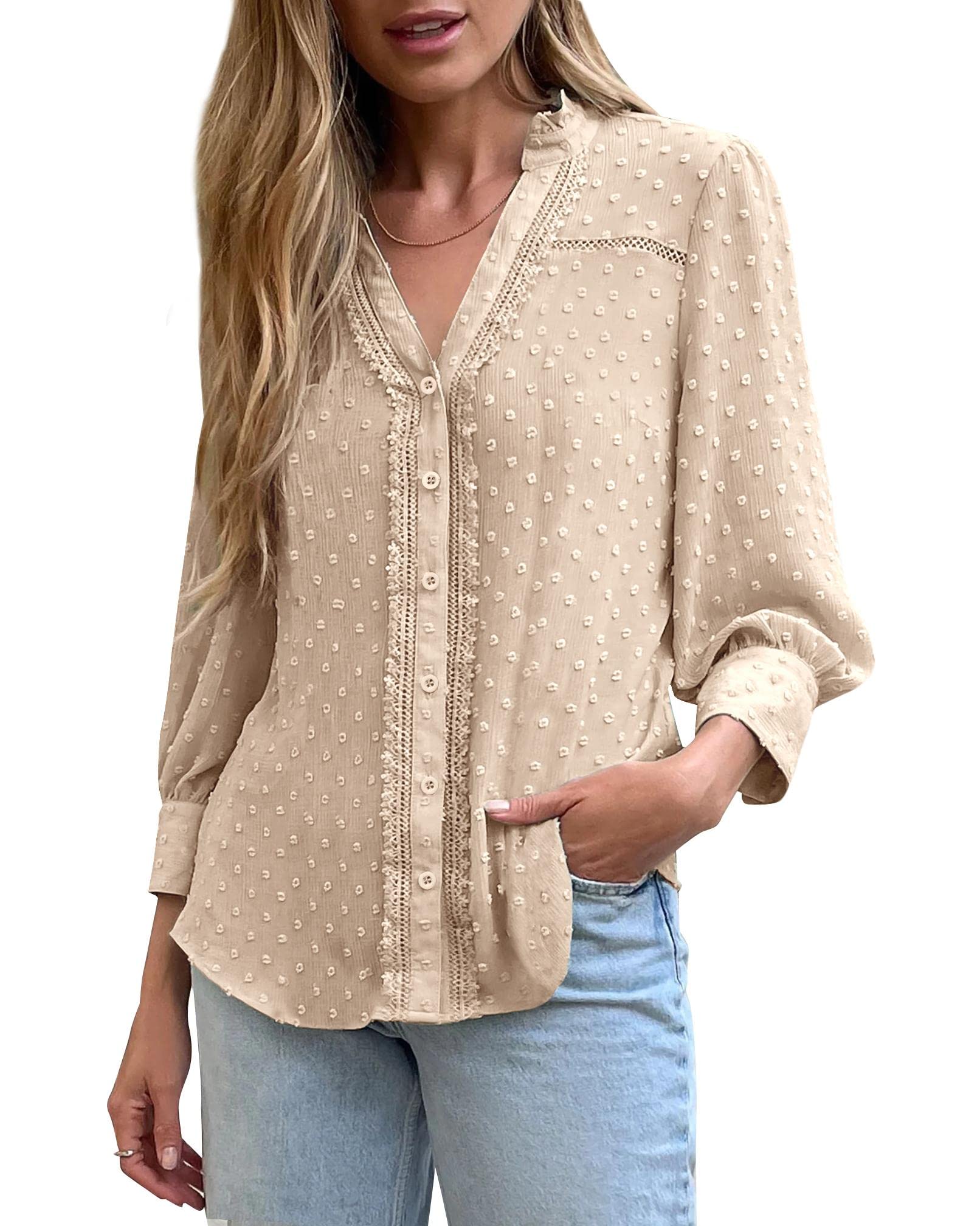 Imily Bela Women's 3/4 Sleeve V-Neck Chiffon Blouse - Loose Lace Pom Pom Button Down Shirt for Autumn | Elegant Casual Wear, Office Outfits & Special Occasions