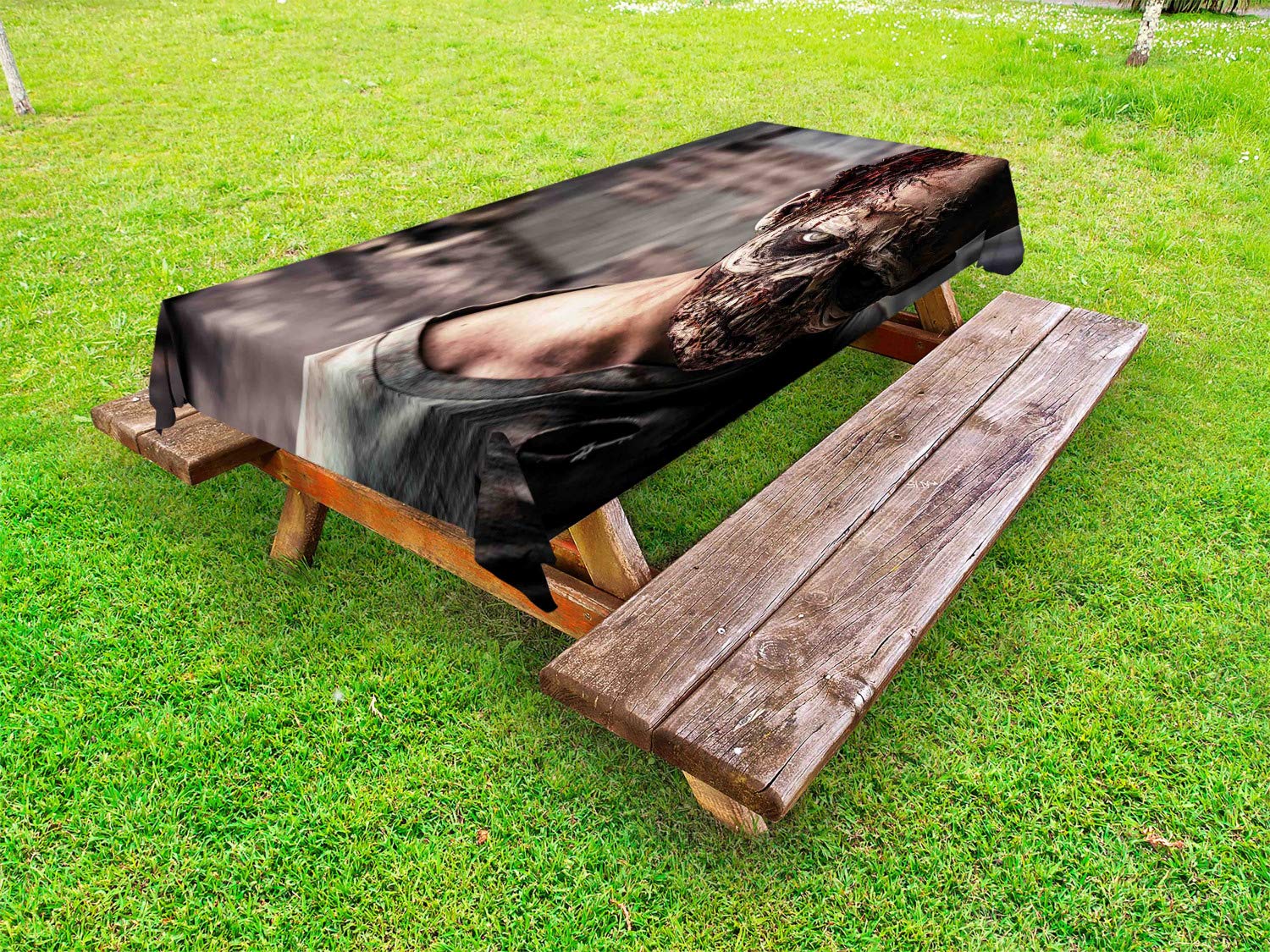 Ambesonne Halloween Zombie Tablecloth - Scary Horror House Design with Creepy Undead Characters - Waterproof Washable Picnic Table Cover 58x104 Inches - Perfect for Outdoor Parties, Spooky Decor & Halloween Celebrations