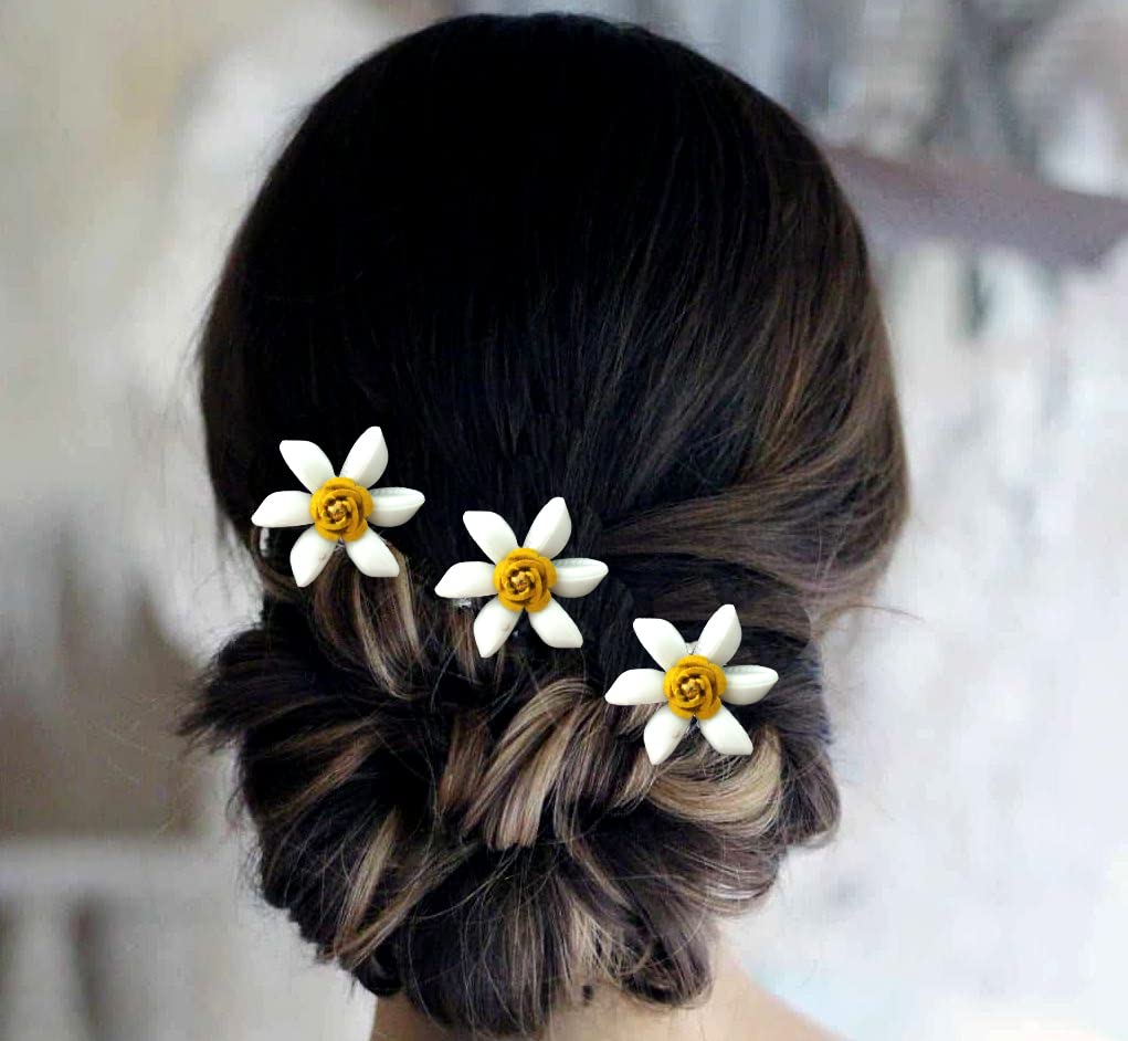 Elegant Artificial Jasmine Flower Hair Pin with Pearls - Bridal Hair Accessories for Weddings, Prom & Special Events - Yellow Floral Bun Pins (Pack of 8)