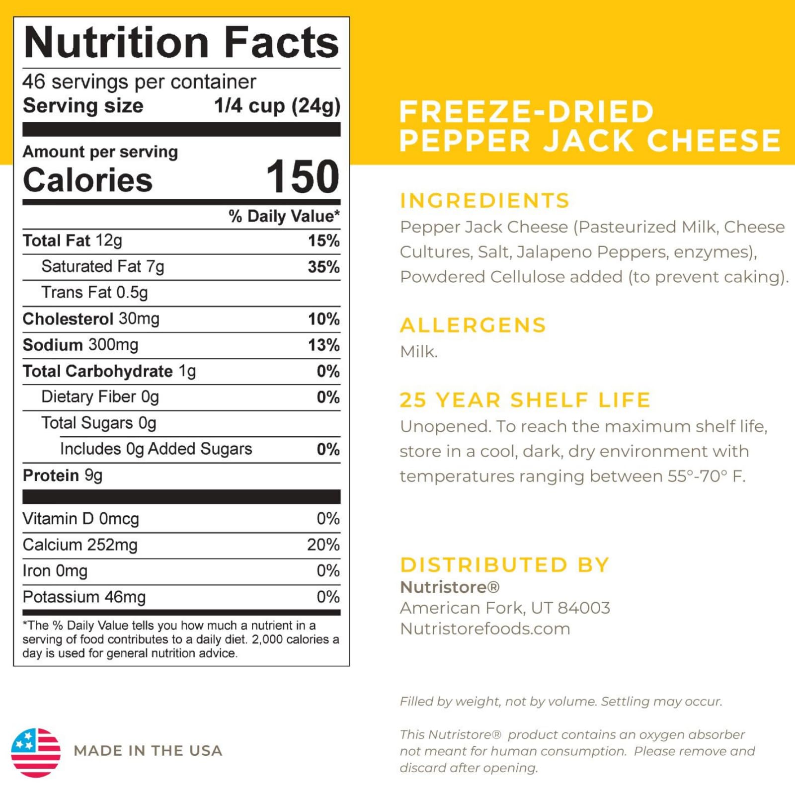 Nutristore Freeze-Dried Pepper Jack Cheese Shreds | Long Shelf Life Cheese for Camping, Hiking & Emergency Food Storage | 25 Year Shelf Life | Perfect for Backpacking Meals, Snacks & Survival Kits | Gluten-Free & Non-GMO Cheese | Great for Outdoor Adventures & Prepper Pantries