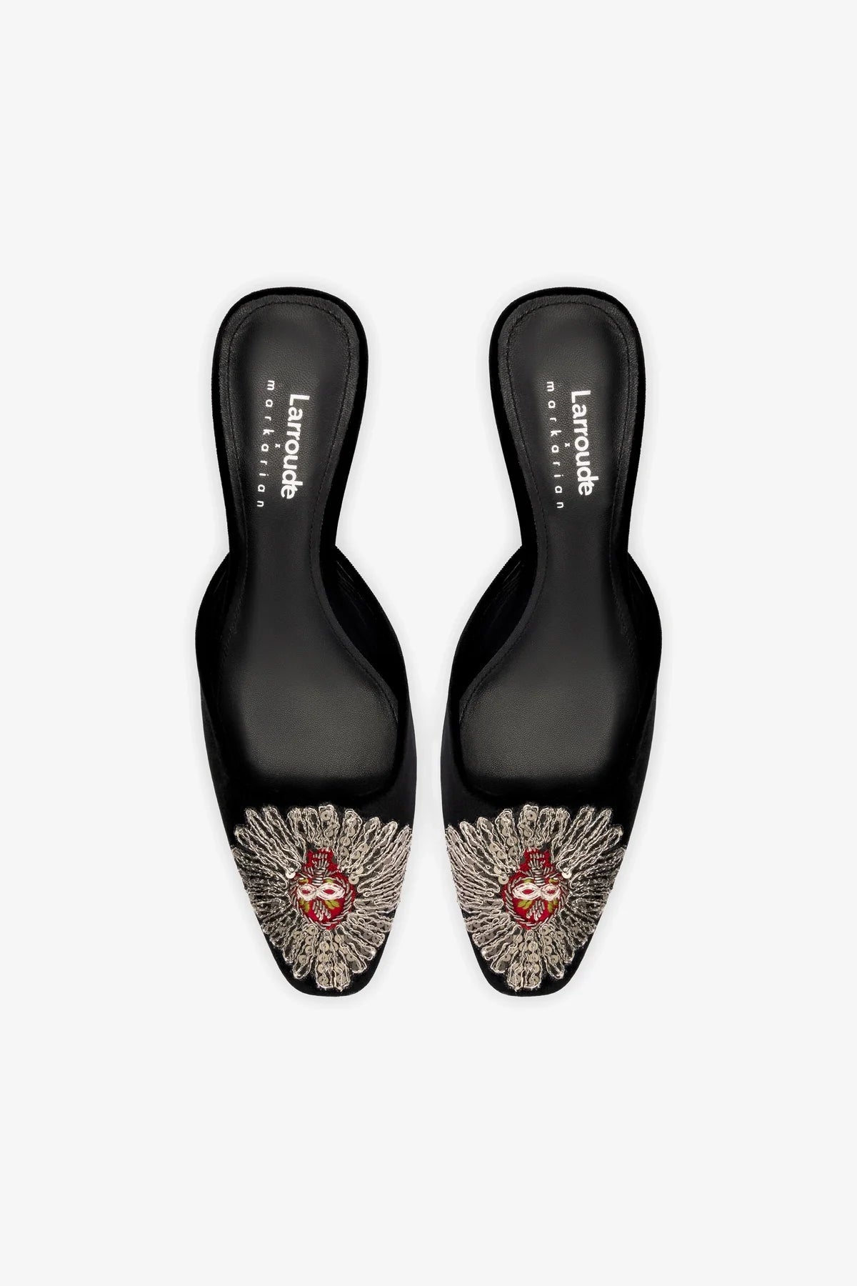 Larroudé x Markarian Black Velvet Mule Shoes with Heart Embroidery - Elegant Slip-Ons for Women, Perfect for Parties, Weddings & Special Occasions