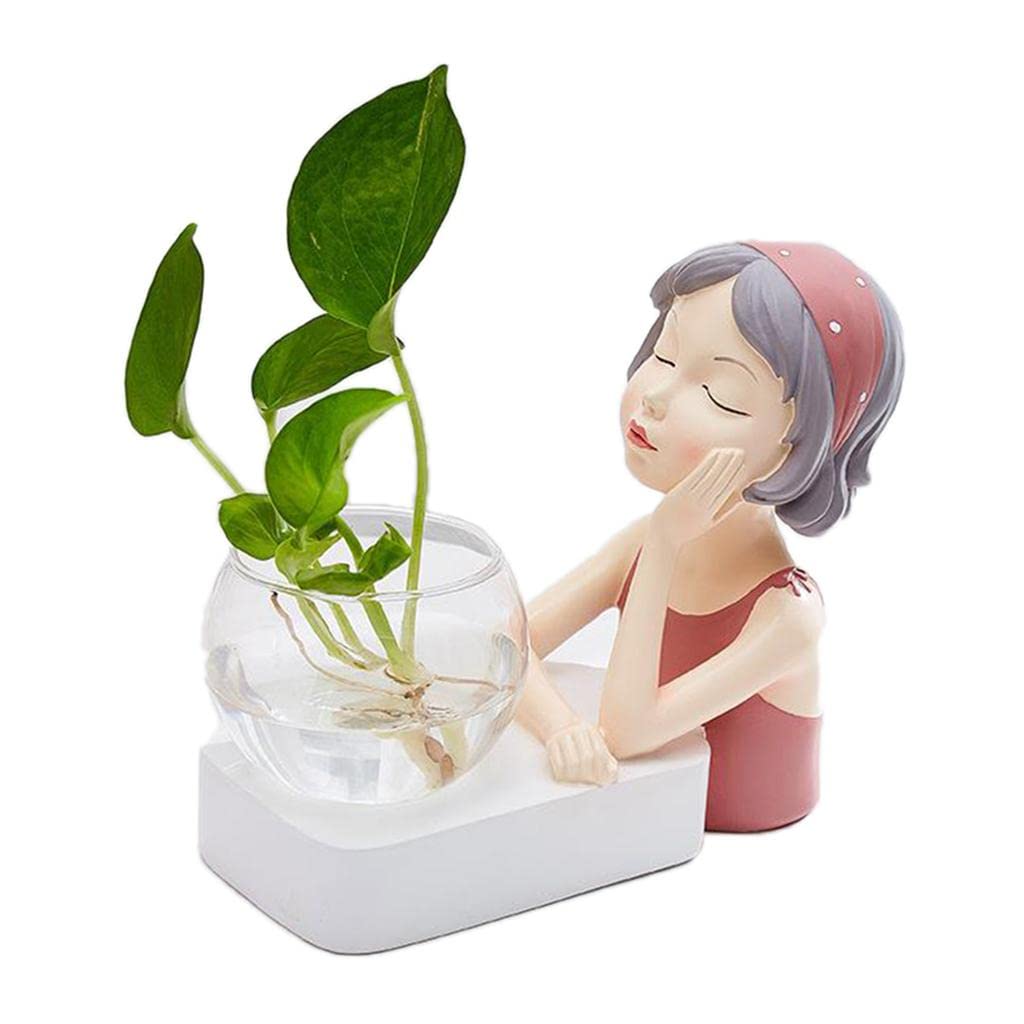 LED Terrarium Glass Planter with Figurine - Pink, 14x7.5x15cm | Mini Indoor Garden Decor for Home, Office, or Gift Idea