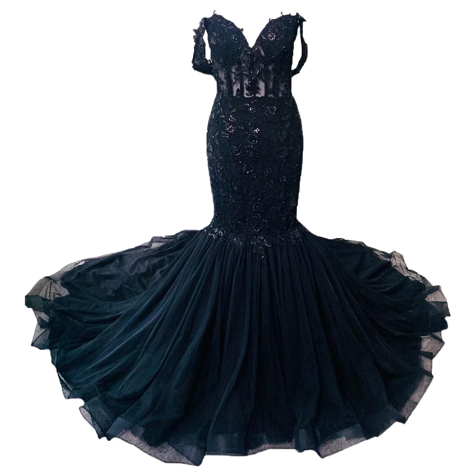 Elegant Off-Shoulder Lace Tulle Mermaid Wedding Dress for Bride - Long Black Bridal Gown for Beach, Church & Formal Weddings