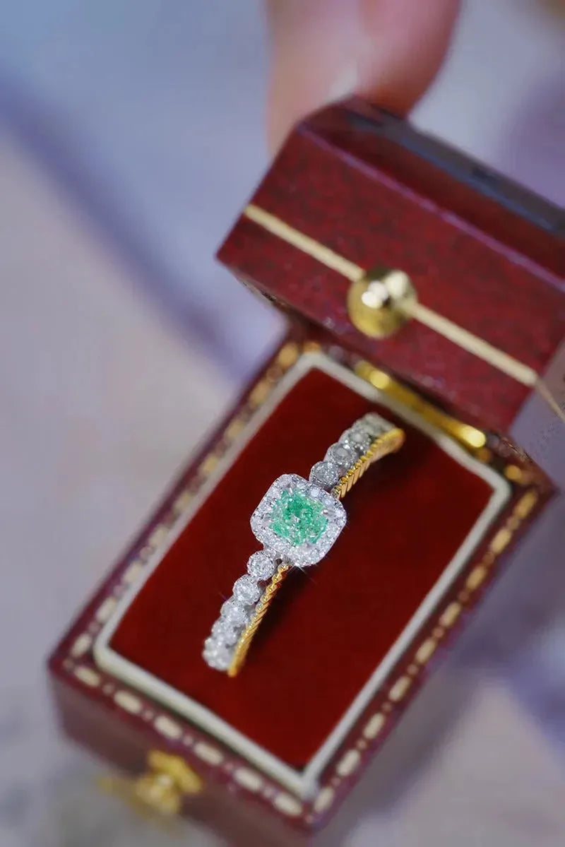 18K White & Yellow Gold Luxury Cushion Cut Natural Green Diamond Engagement Ring for Women - Wedding Proposal, Anniversary Gift, Bridal Jewelry