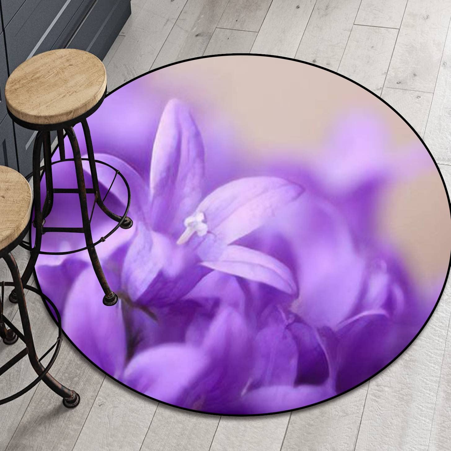 Thickened Non-Slip Round Area Rug with Violet Campanula Bellflowers Design - Indoor/Outdoor Floor Mat for Bedroom, Office, Living Room - Perfect for Home Decor, Yoga Space, and Pet Play Areas