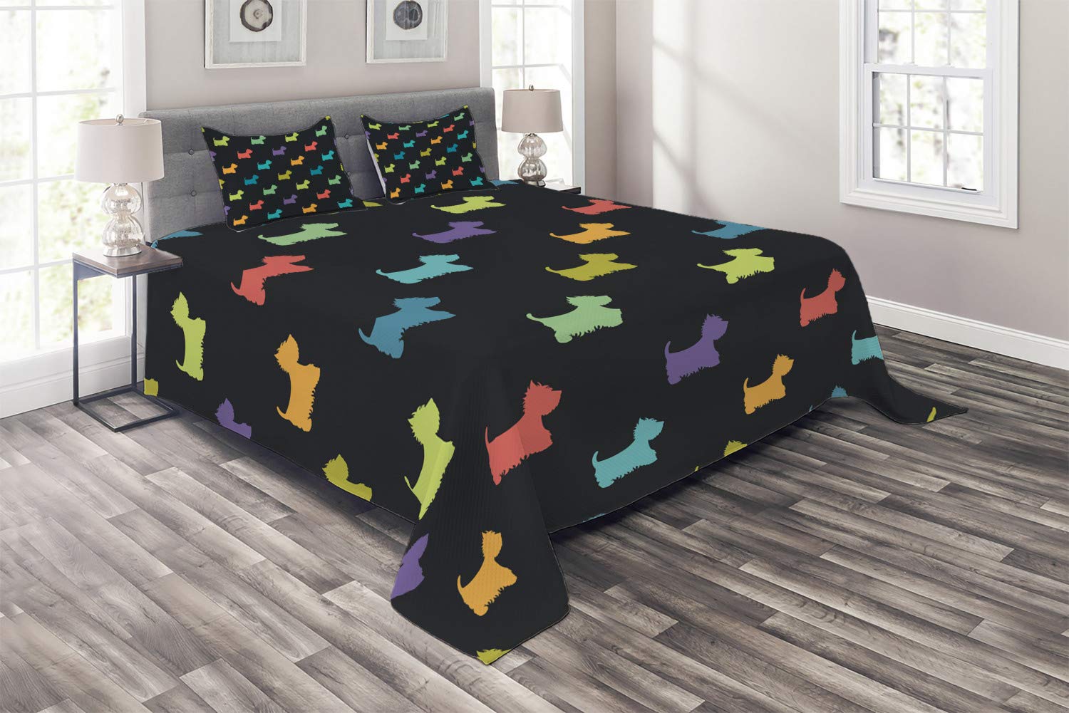 Ambesonne 3-Piece Dog Lover Quilt Set - Colorful West Highland Terrier Silhouette Design, King Size Bedspread with 2 Pillow Shams | Fun Cartoon Canine Themed Decorative Coverlet for Pet Lovers' Bedroom Decor