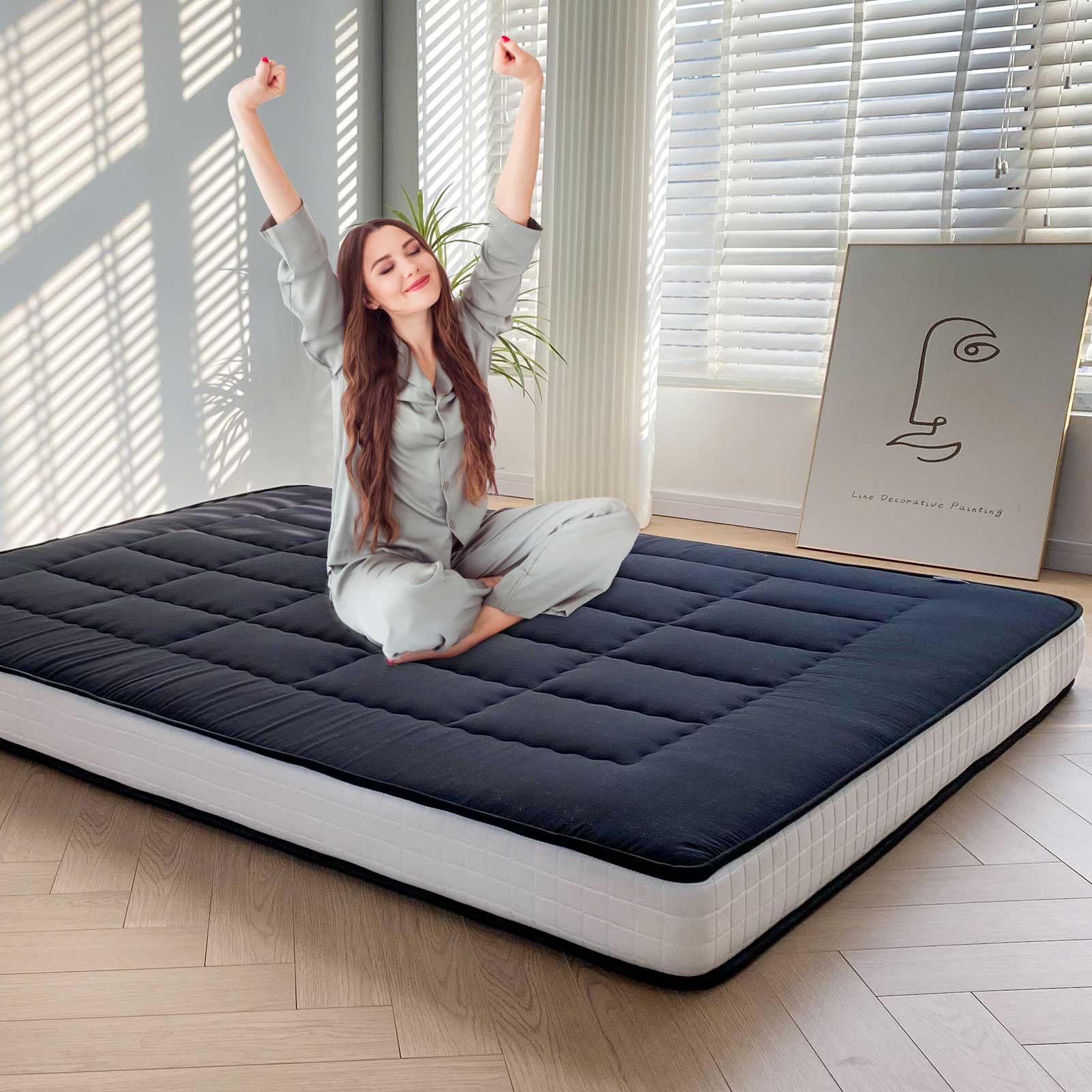 MAXYOYO Padded Japanese Floor Mattress - Black Foldable Roll Up Futon for Bedroom, Guest Room & Travel | Comfortable Floor Sleeping Mat for Adults & Kids
